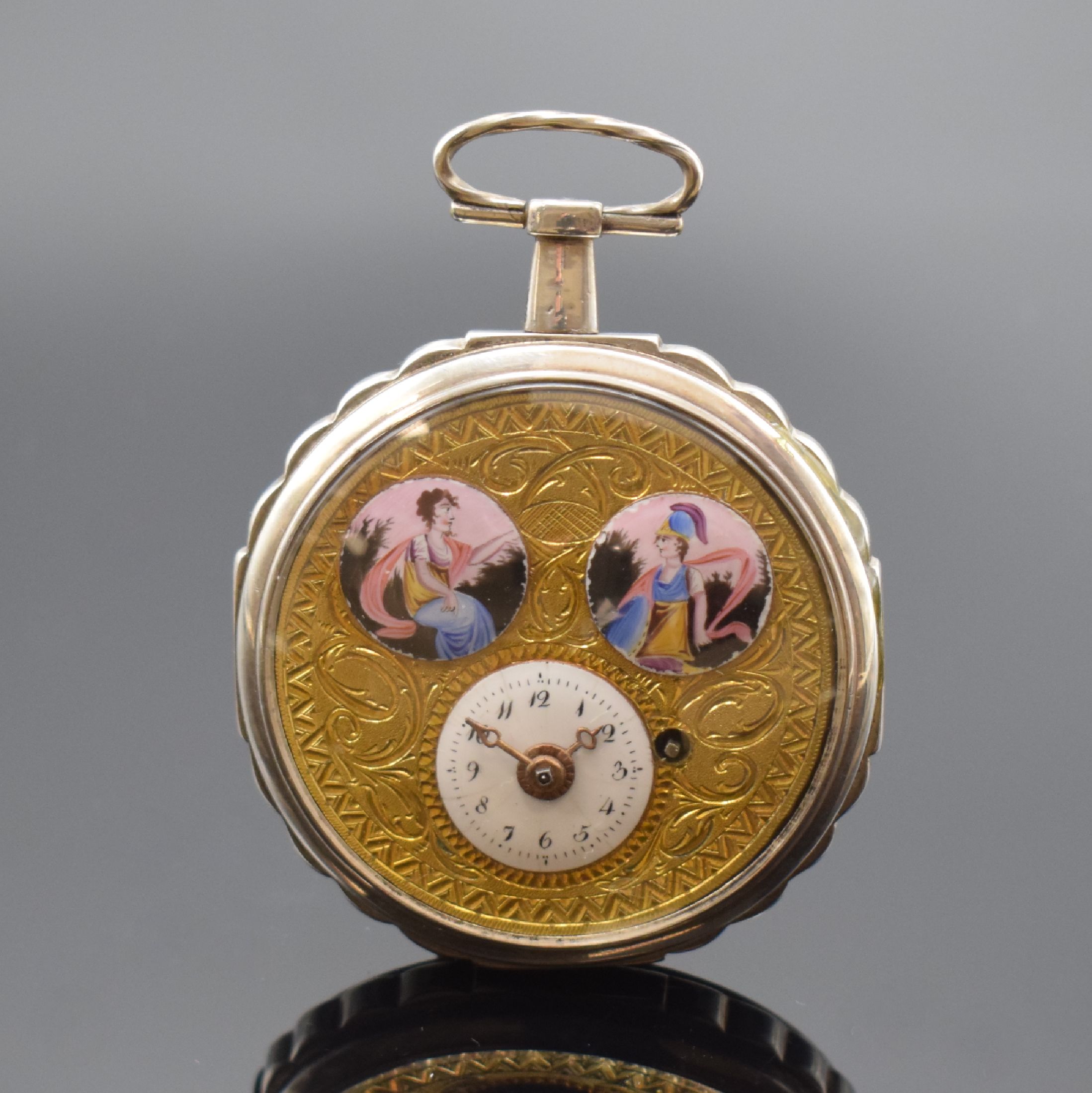 Spindeltaschenuhr mit 2 Email-Portraits, Schweiz um 1800, glattes Silbergehäuse mit wellenförmigen Rand im Öffnungsbereich besch., kl. ...