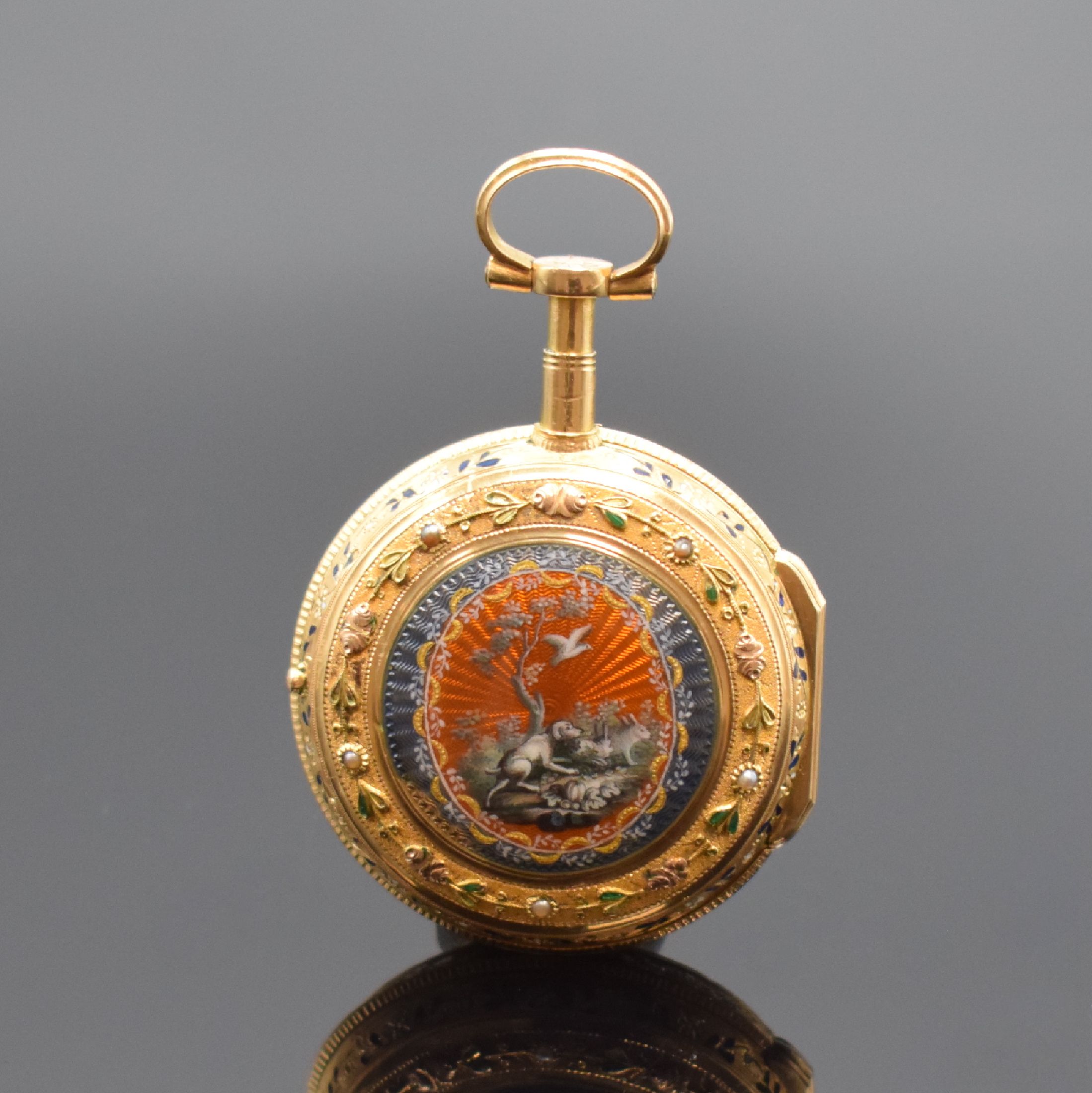 Detail a: GIDE Email-Spindeltaschenuhr in RG 750/000, Frankreich um 1780, rückseitig auf guill. Grund, polychrom transluzid emailliert, umrandet von ...