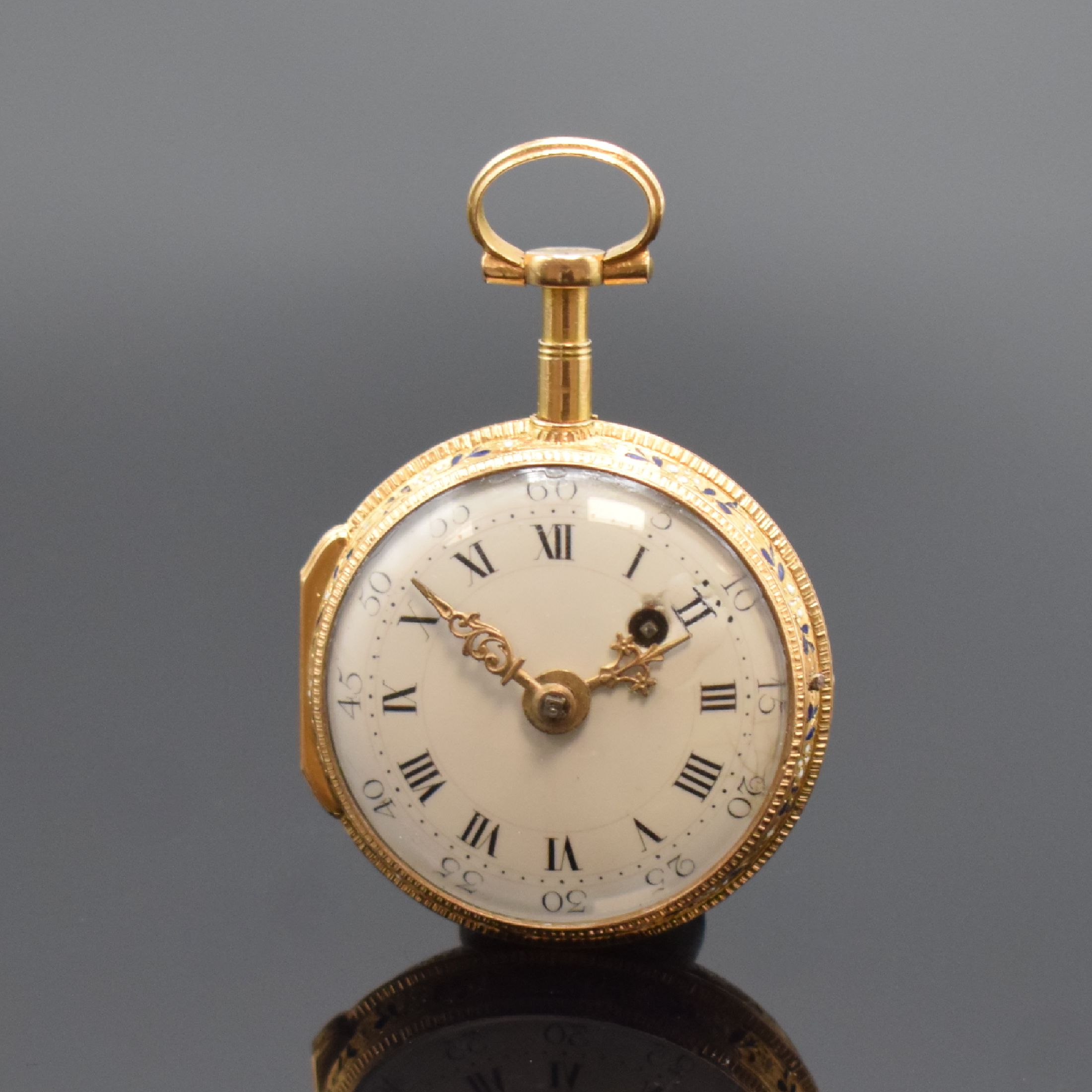 Detail b: GIDE Email-Spindeltaschenuhr in RG 750/000, Frankreich um 1780, rückseitig auf guill. Grund, polychrom transluzid emailliert, umrandet von ...