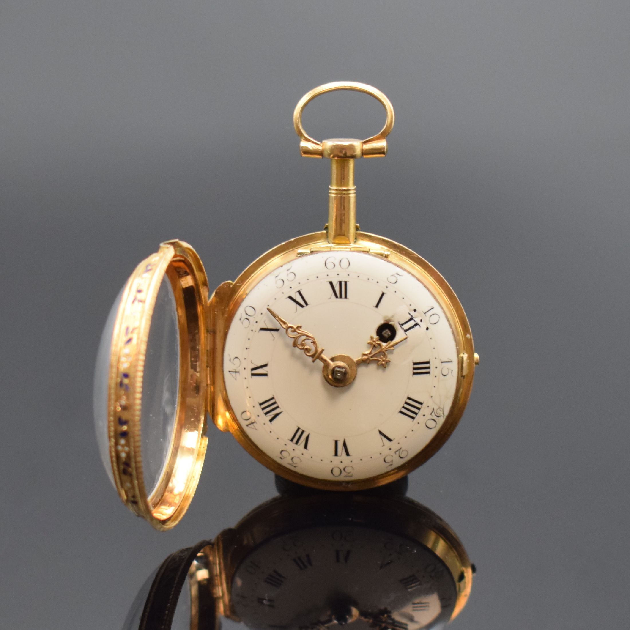 Detail c: GIDE Email-Spindeltaschenuhr in RG 750/000, Frankreich um 1780, rückseitig auf guill. Grund, polychrom transluzid emailliert, umrandet von ...