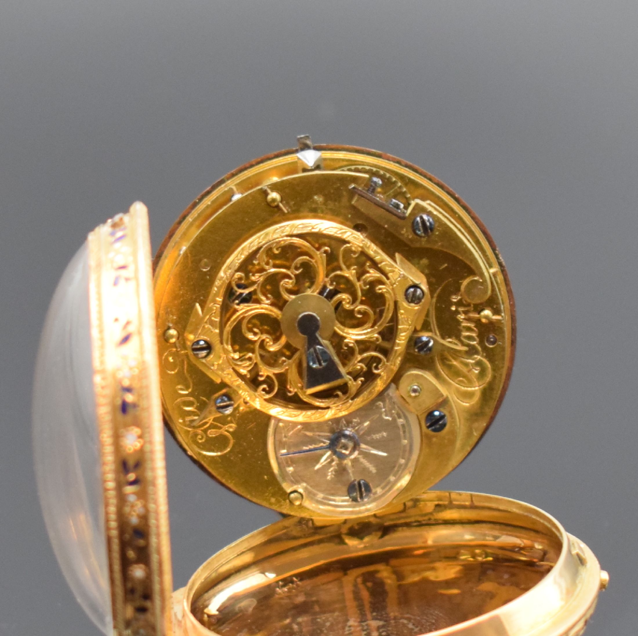Detail d: GIDE Email-Spindeltaschenuhr in RG 750/000, Frankreich um 1780, rückseitig auf guill. Grund, polychrom transluzid emailliert, umrandet von ...