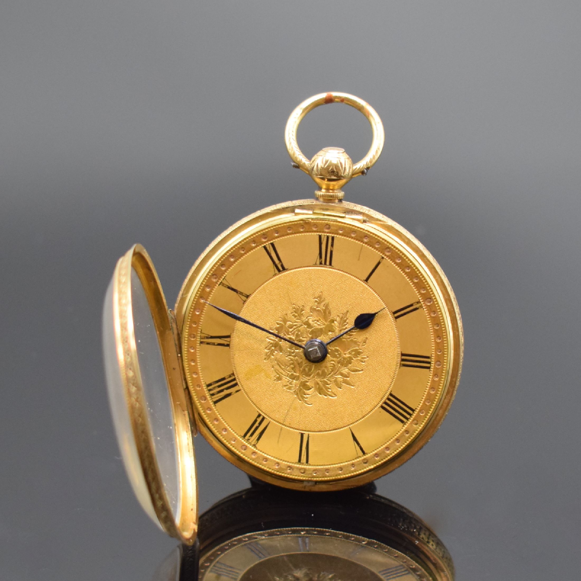Detail b: A. MARKS & Co. Manchester offene Herrentaschenuhr mit Spitzzahnankerhemmung in RG 750/000, Hallmark Chester 1878, vollgrav. Geh., gold. Zifferbl. im ...
