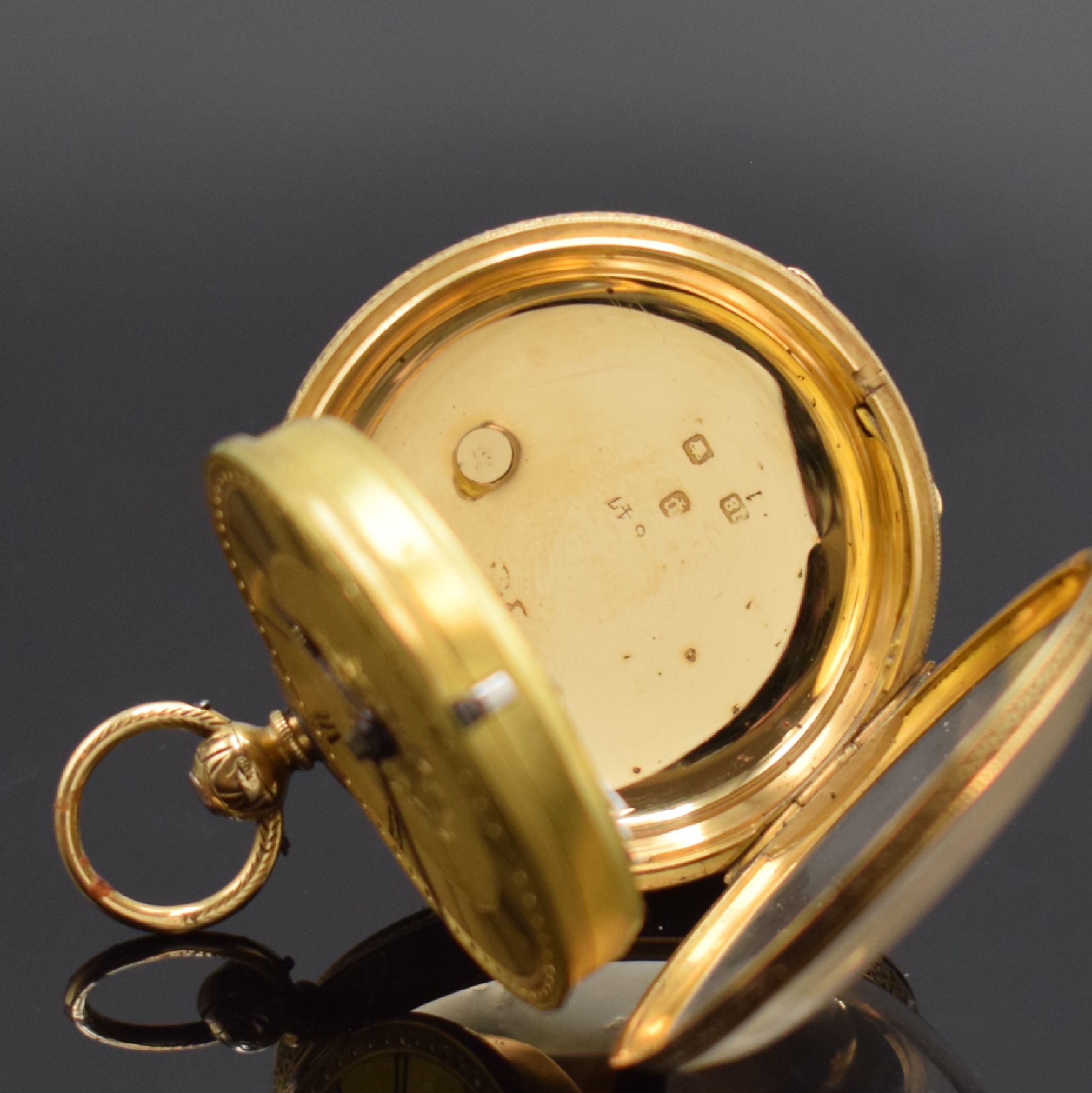 Detail c: A. MARKS & Co. Manchester offene Herrentaschenuhr mit Spitzzahnankerhemmung in RG 750/000, Hallmark Chester 1878, vollgrav. Geh., gold. Zifferbl. im ...