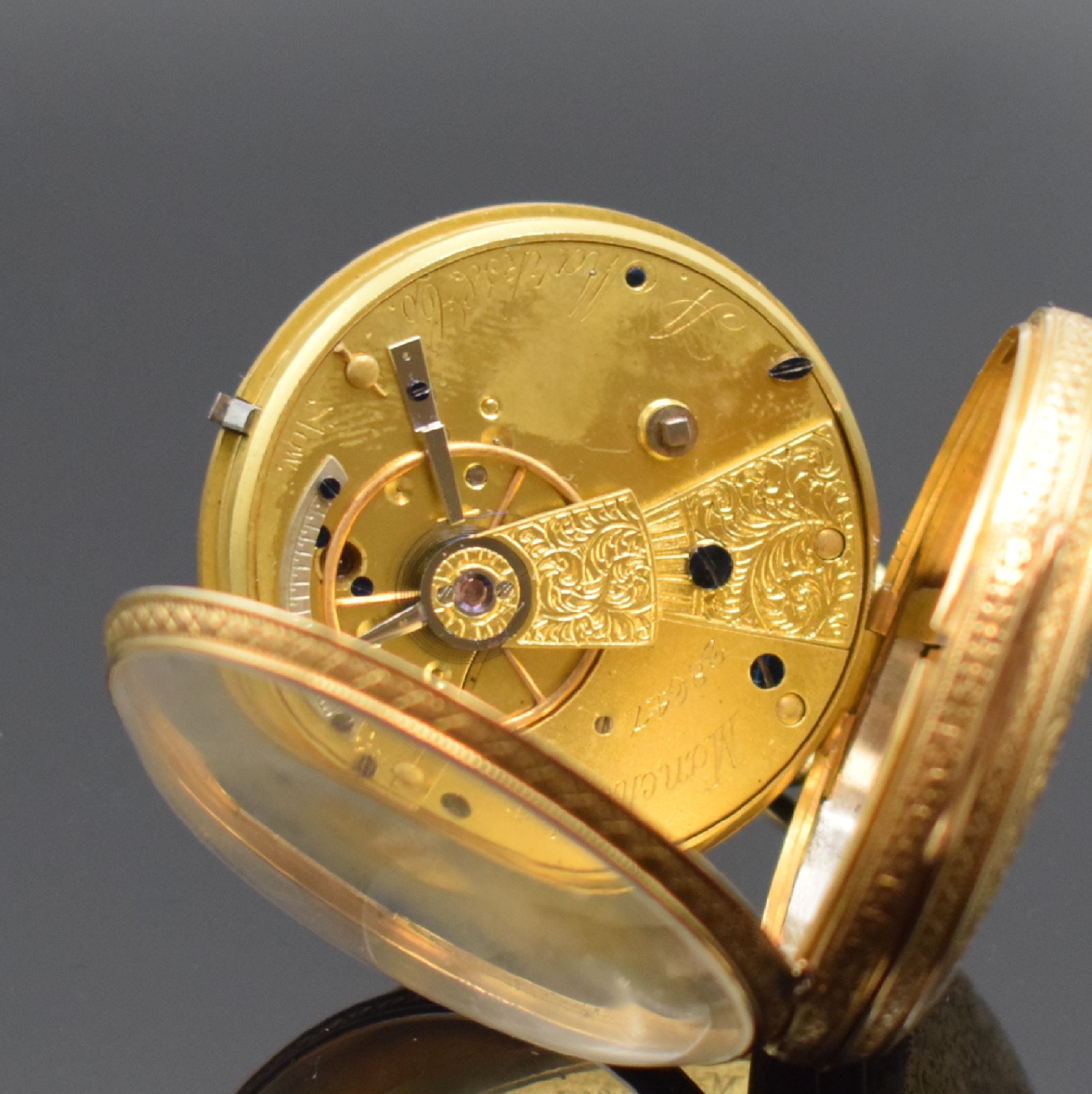 Detail d: A. MARKS & Co. Manchester offene Herrentaschenuhr mit Spitzzahnankerhemmung in RG 750/000, Hallmark Chester 1878, vollgrav. Geh., gold. Zifferbl. im ...
