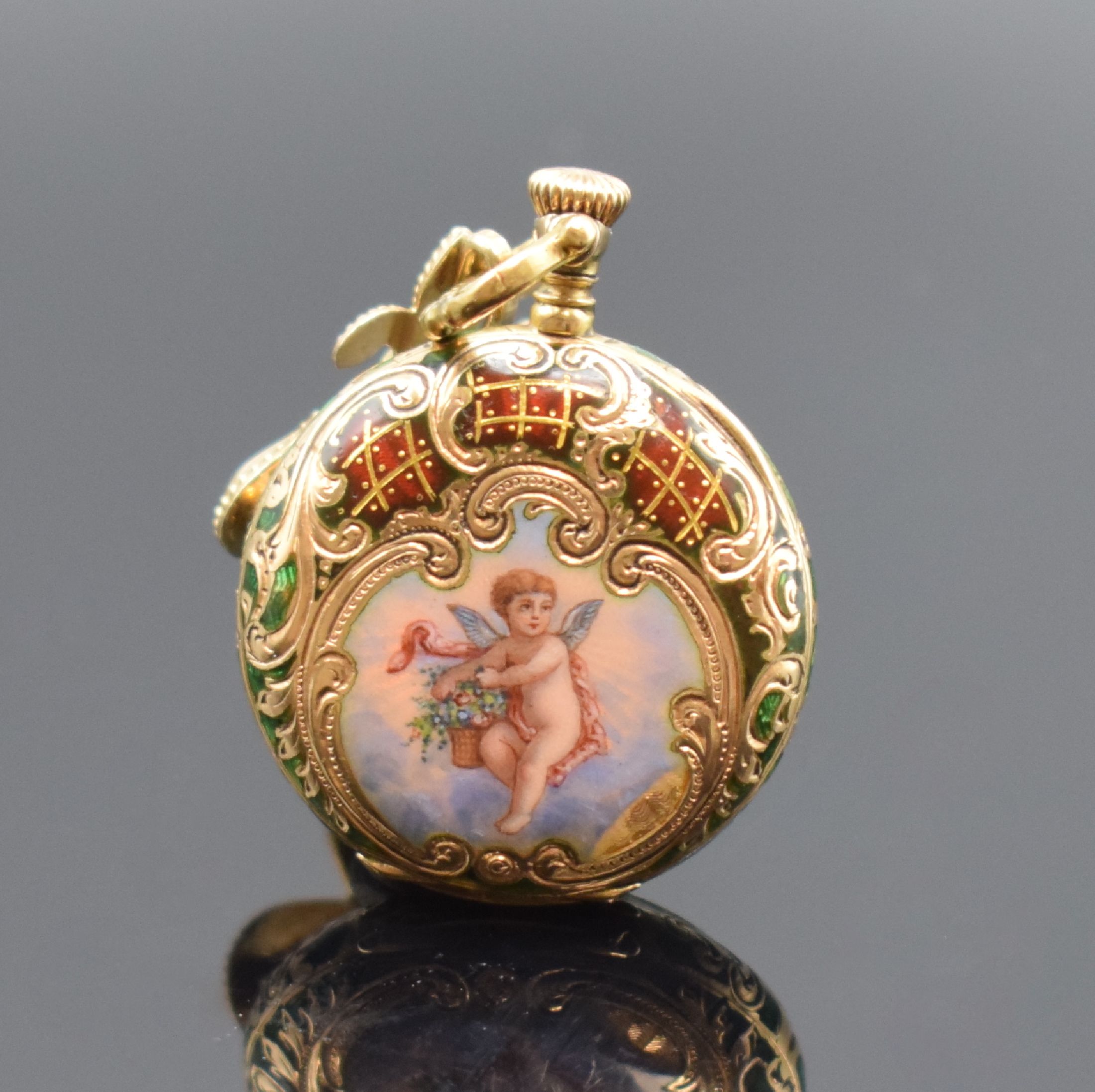 Detail b: LONGINES / SMITH, PETTERSON & Co. Boston Email-Damentaschenuhr in GG 585/000 an vergoldeter Fleur de Lys Brosche, Schweiz für USA um 1897, aufw. ...