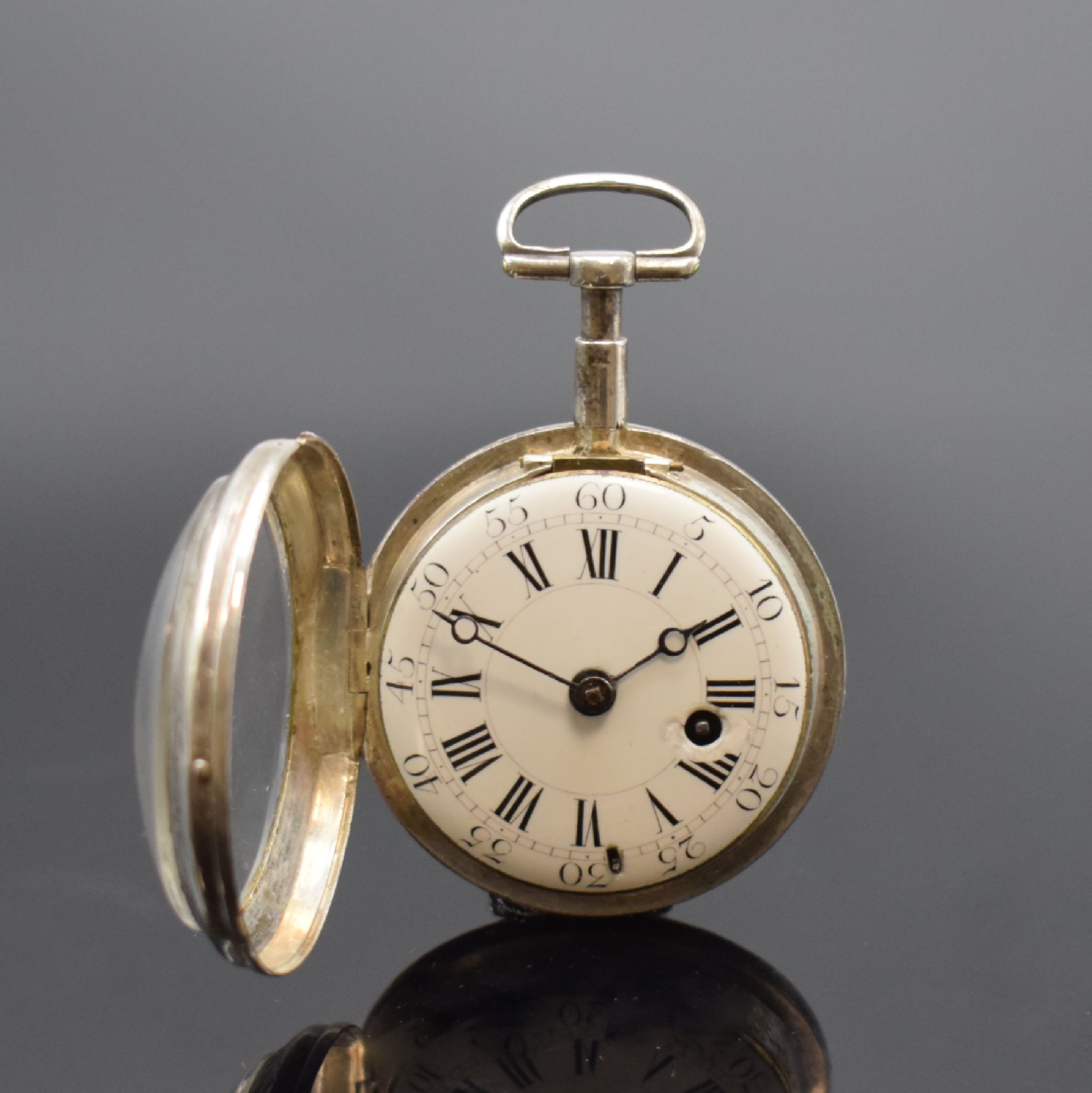Detail b: BAILLON a PARIS Spindeltaschenuhr in Silber, Frankreich um 1790, glattes Geh. dell., Emailzifferbl. m. röm. Std. und großer arabischer Minuterie ...