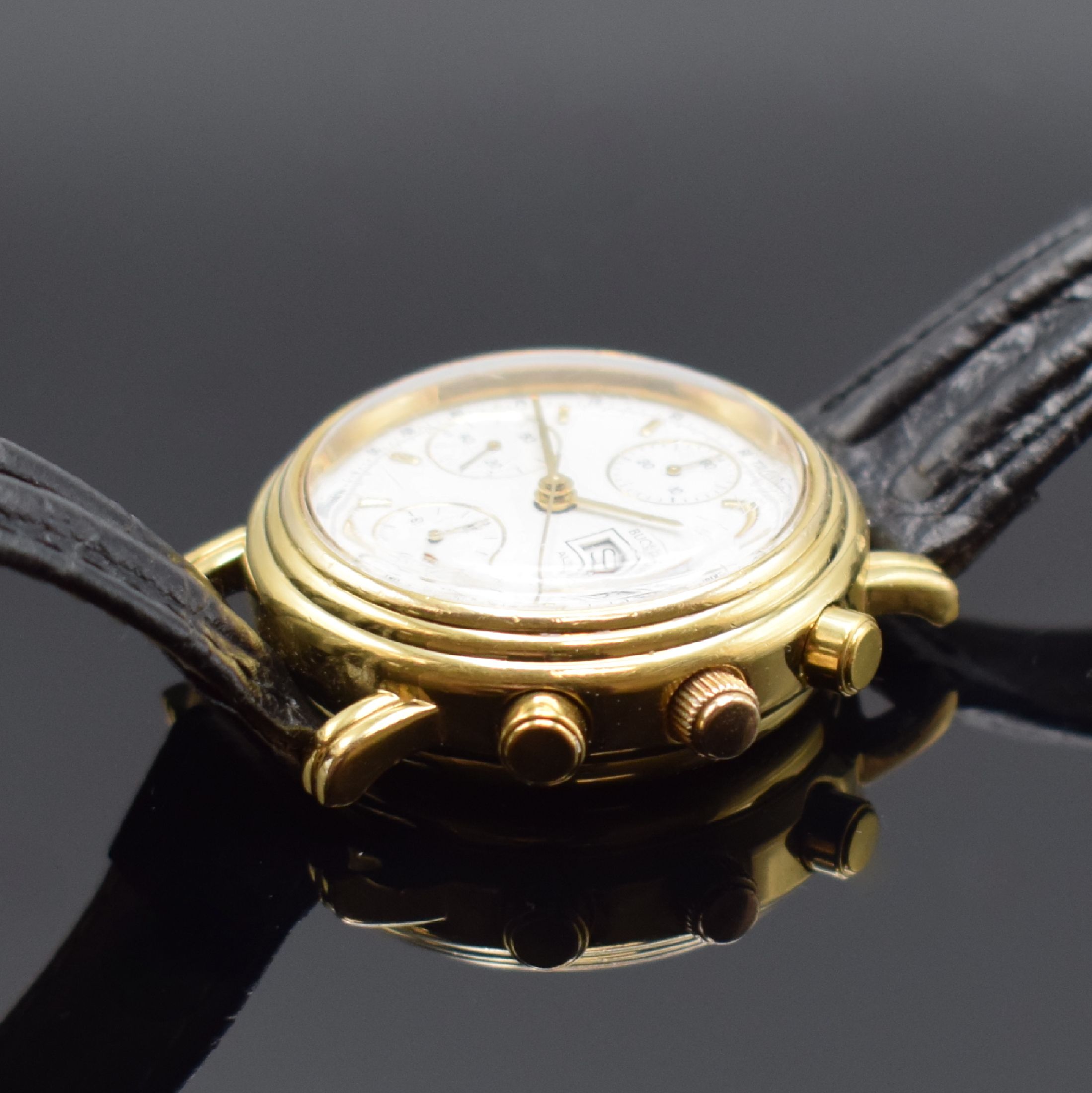Detail b: BUCHERER Armbandchronograph Referenz 4.038.0.0.10, Automatik, Schweiz um 1990, verg. Geh. beids. vergl., Boden aufgedr., emailfarb. Zifferbl. m. ...