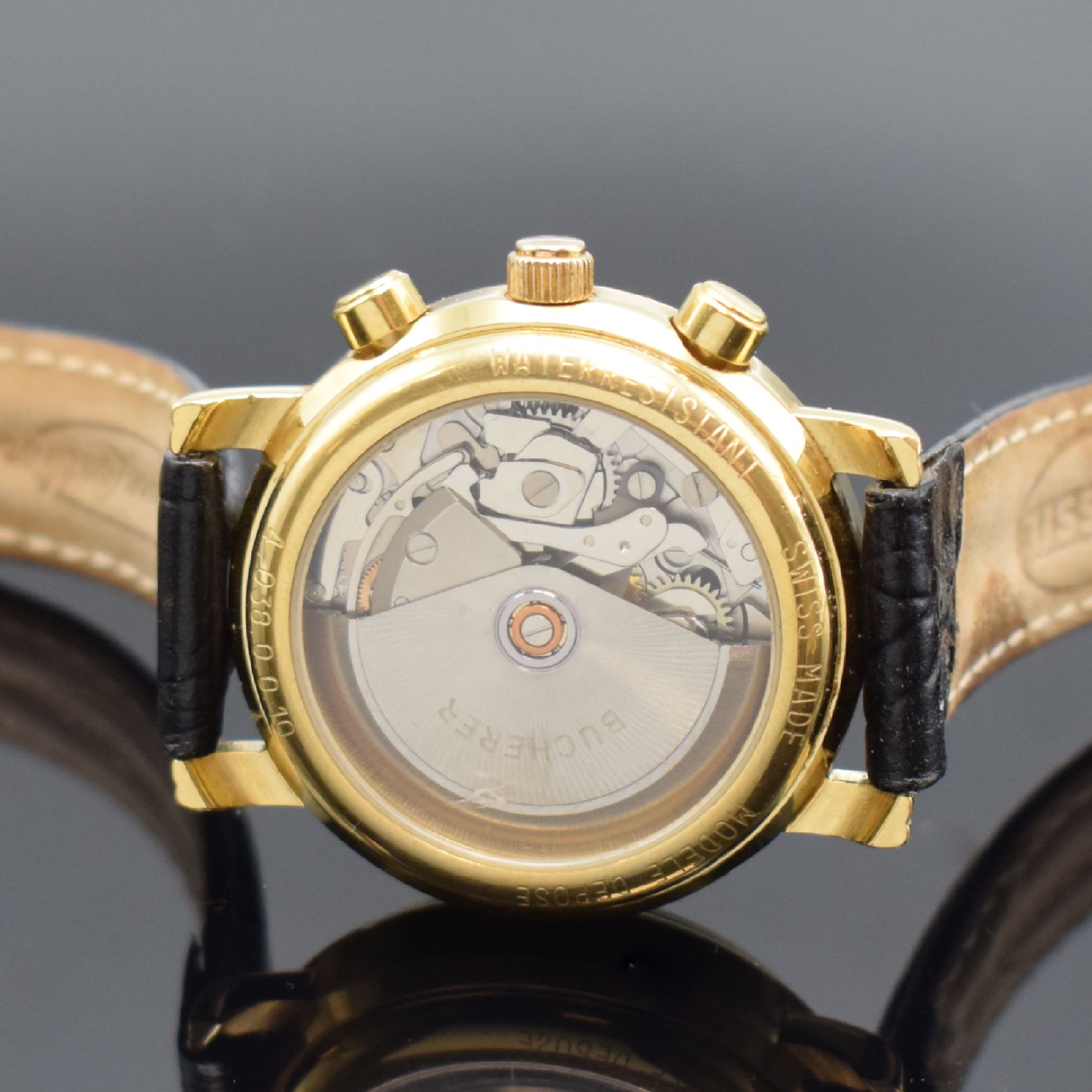 Detail c: BUCHERER Armbandchronograph Referenz 4.038.0.0.10, Automatik, Schweiz um 1990, verg. Geh. beids. vergl., Boden aufgedr., emailfarb. Zifferbl. m. ...