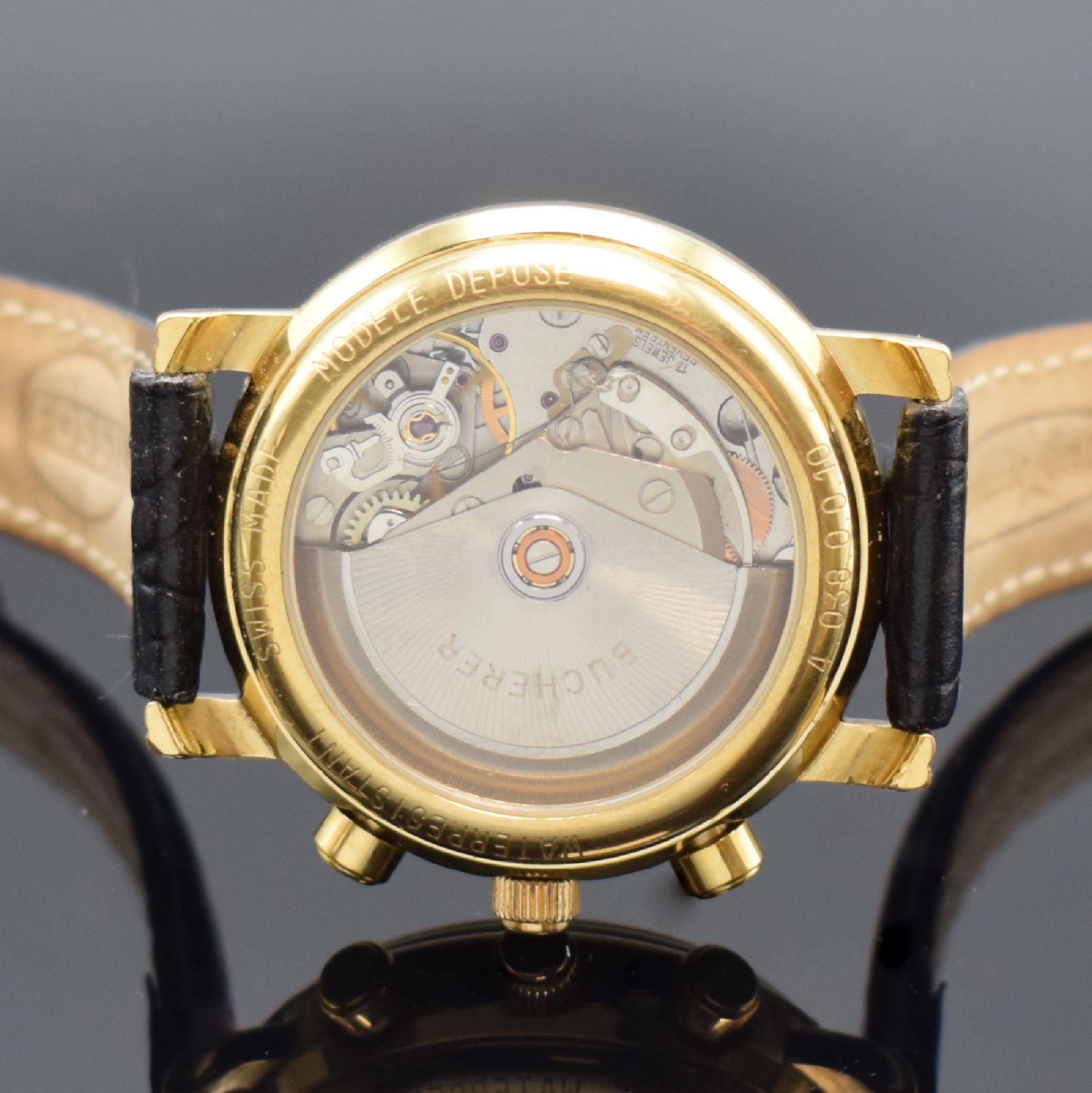 Detail d: BUCHERER Armbandchronograph Referenz 4.038.0.0.10, Automatik, Schweiz um 1990, verg. Geh. beids. vergl., Boden aufgedr., emailfarb. Zifferbl. m. ...