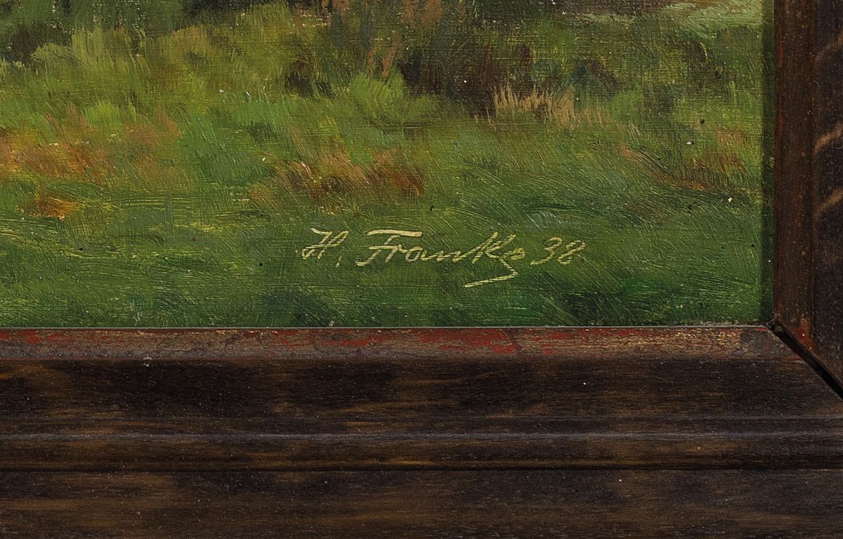 Detail a: Hanny Franke, 1890 Koblenz-1973 Frankfurt am Main, Herbstliche Landschaft, so rückseitig betitelt, Öl/Lwd, rechts unten signiert und dat. 38, ca. ...