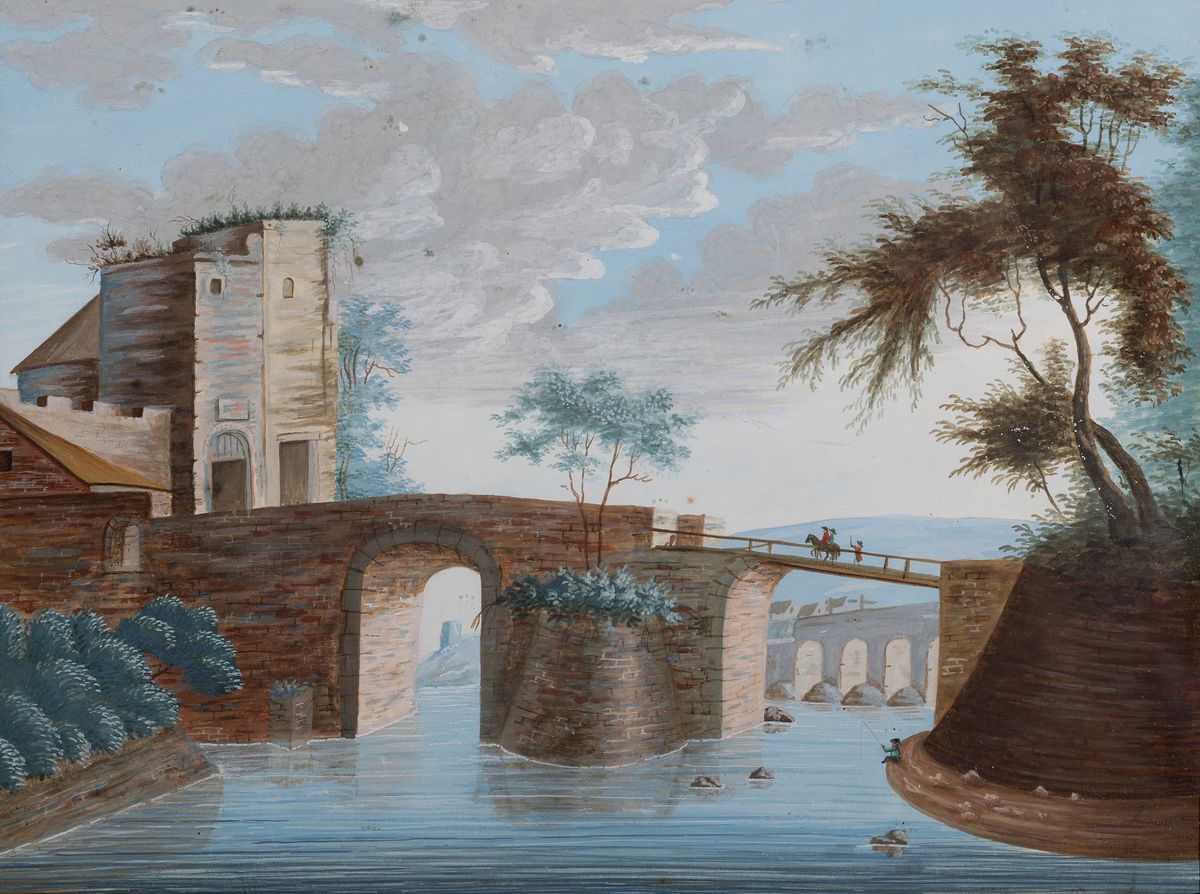 Unbekannter Künstler, deutsch, um 1800, 2 Pendants mit Landschaften mit Burg bzw. Brücke und Personen, feine Gouachemalerei auf Papier, unsigniert, ...