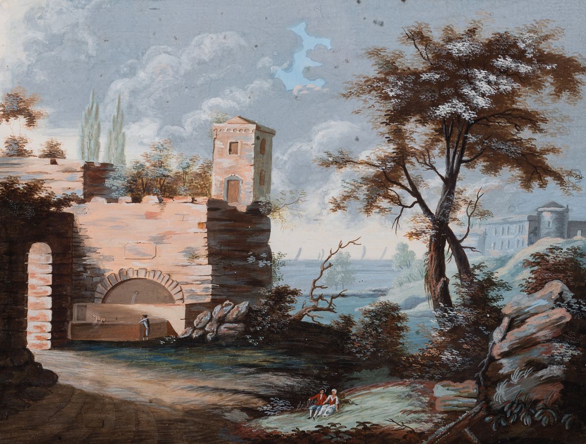 Detail a: Unbekannter Künstler, deutsch, um 1800, 2 Pendants mit Landschaften mit Burg bzw. Brücke und Personen, feine Gouachemalerei auf Papier, unsigniert, ...