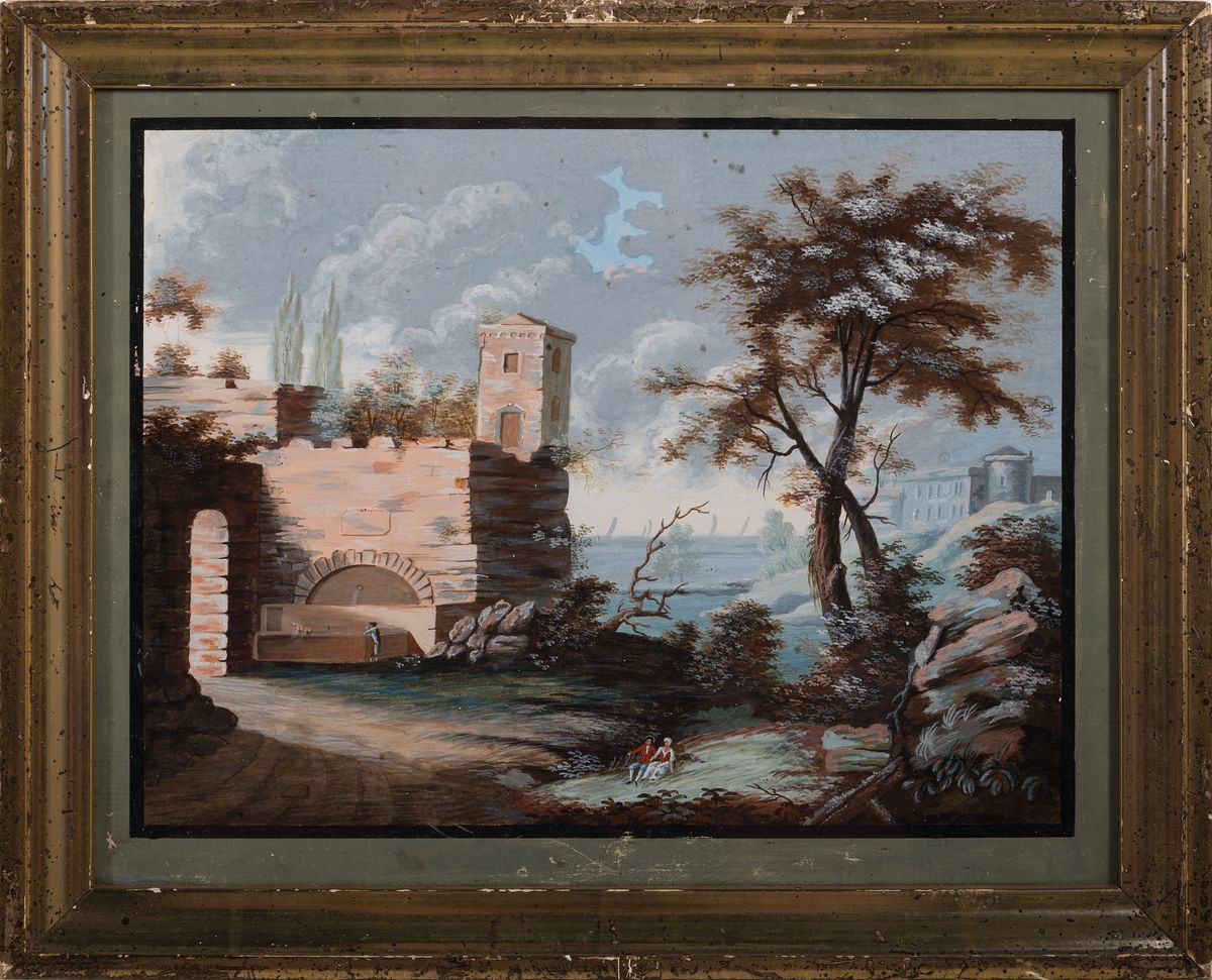 Detail k: Unbekannter Künstler, deutsch, um 1800, 2 Pendants mit Landschaften mit Burg bzw. Brücke und Personen, feine Gouachemalerei auf Papier, unsigniert, ...