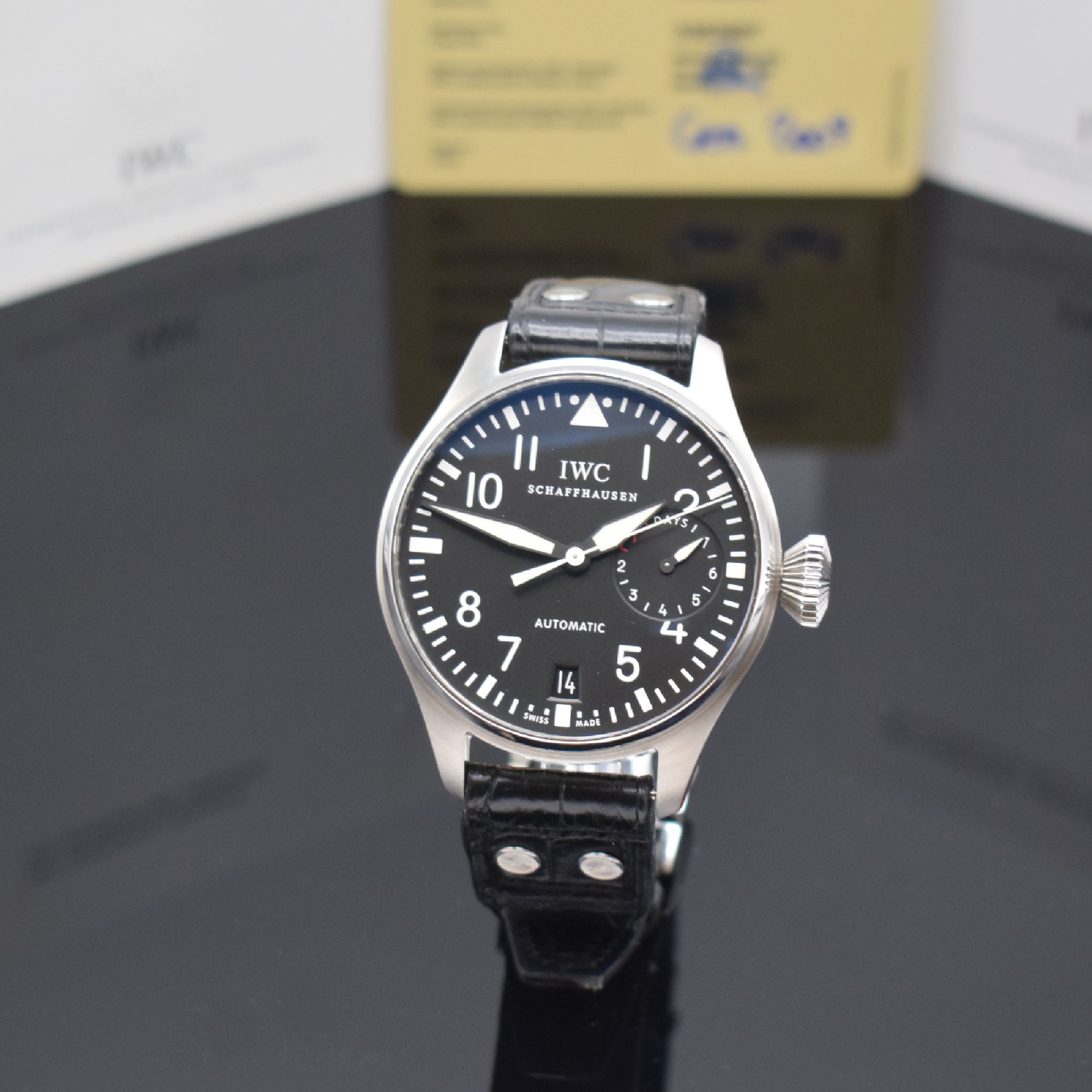 IWC große Fliegeruhr Herrenarmbanduhr Referenz IW500401, Automatik, verschr. Stahlgehäuse m. Weicheisen-Innengeh., orig. Lederband m. orig. ...