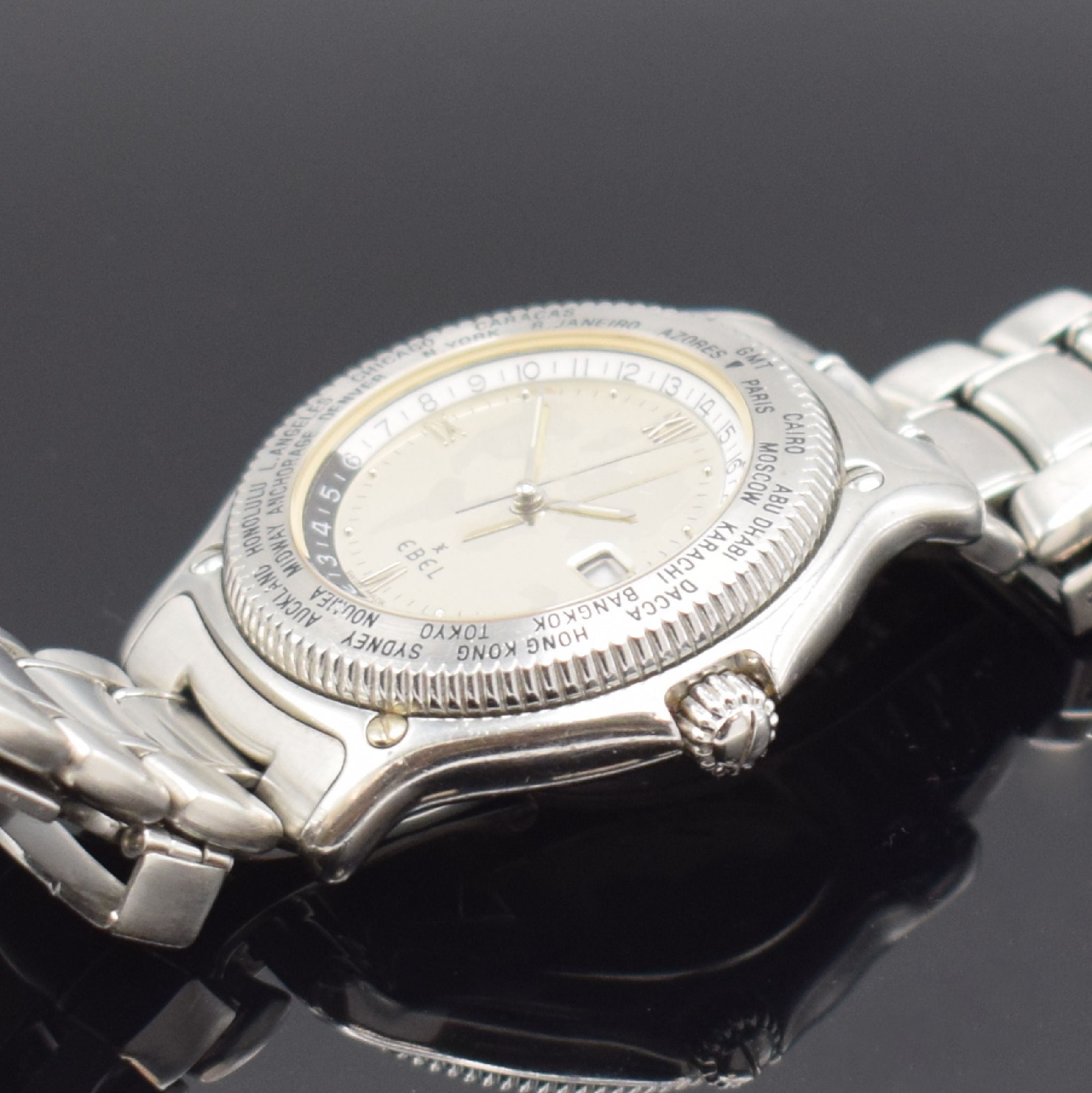 Detail c: EBEL Voyager Herrenarmbanduhr mit Weltzeitanzeige Referenz 9124913, Automatik, Edelstahlgeh. inkl. Gliederband m. Faltschl., Boden 8-fach verschr., ...