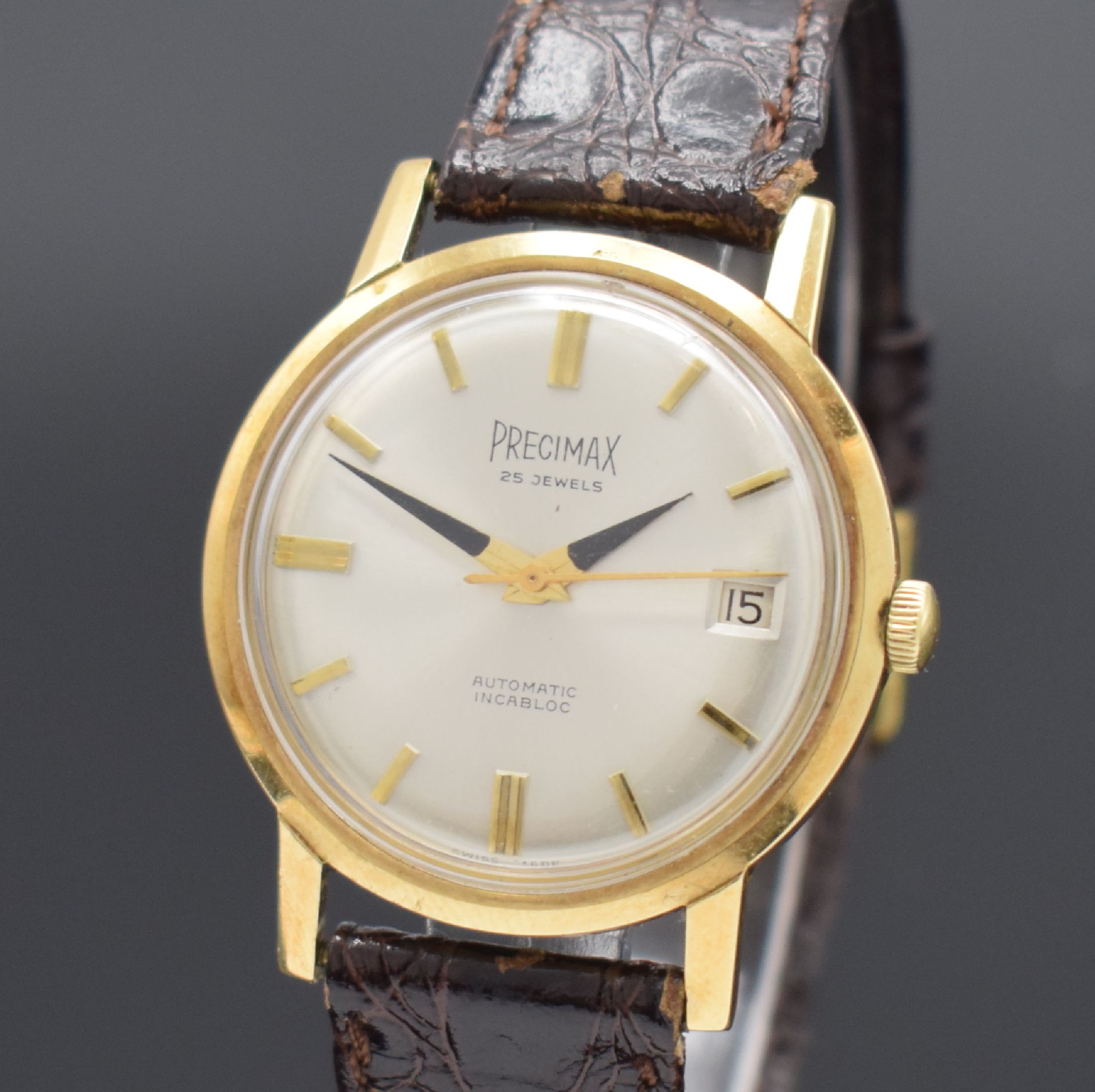 Detail a: PRECIMAX Herrenarmbanduhr in GG 585/000 Referenz 8845, Automatik, Schweiz 1960er Jahre, Boden verschr., silb. Zifferbl. m. aufgel. Indizes, ...