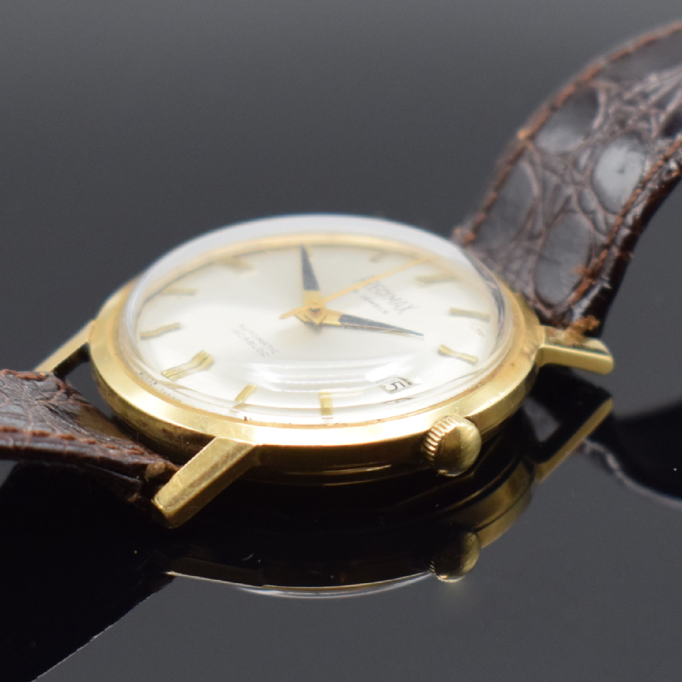 Detail b: PRECIMAX Herrenarmbanduhr in GG 585/000 Referenz 8845, Automatik, Schweiz 1960er Jahre, Boden verschr., silb. Zifferbl. m. aufgel. Indizes, ...