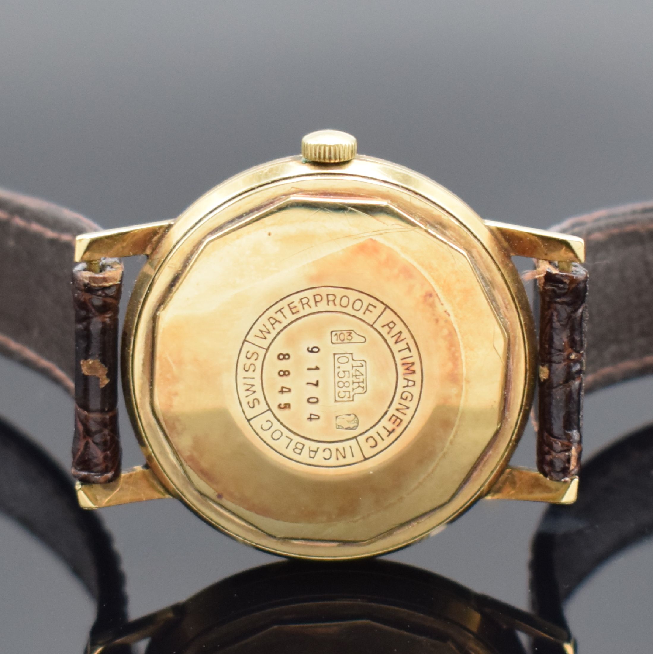 Detail c: PRECIMAX Herrenarmbanduhr in GG 585/000 Referenz 8845, Automatik, Schweiz 1960er Jahre, Boden verschr., silb. Zifferbl. m. aufgel. Indizes, ...