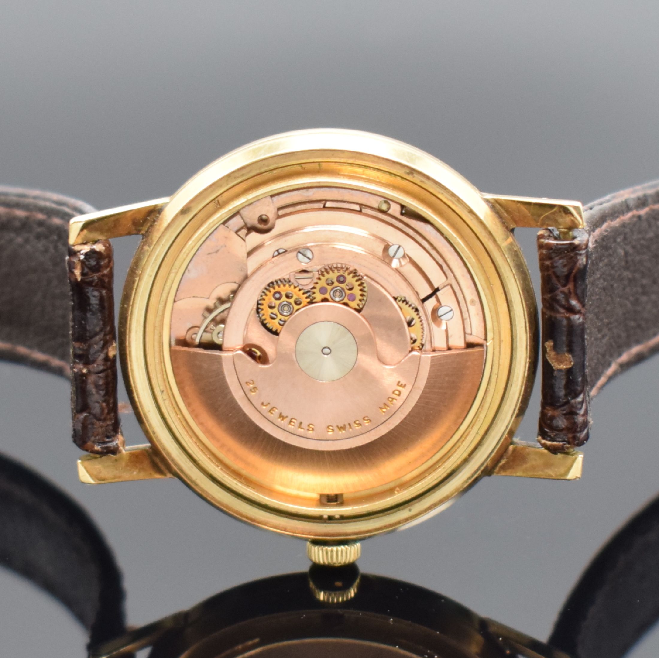 Detail e: PRECIMAX Herrenarmbanduhr in GG 585/000 Referenz 8845, Automatik, Schweiz 1960er Jahre, Boden verschr., silb. Zifferbl. m. aufgel. Indizes, ...