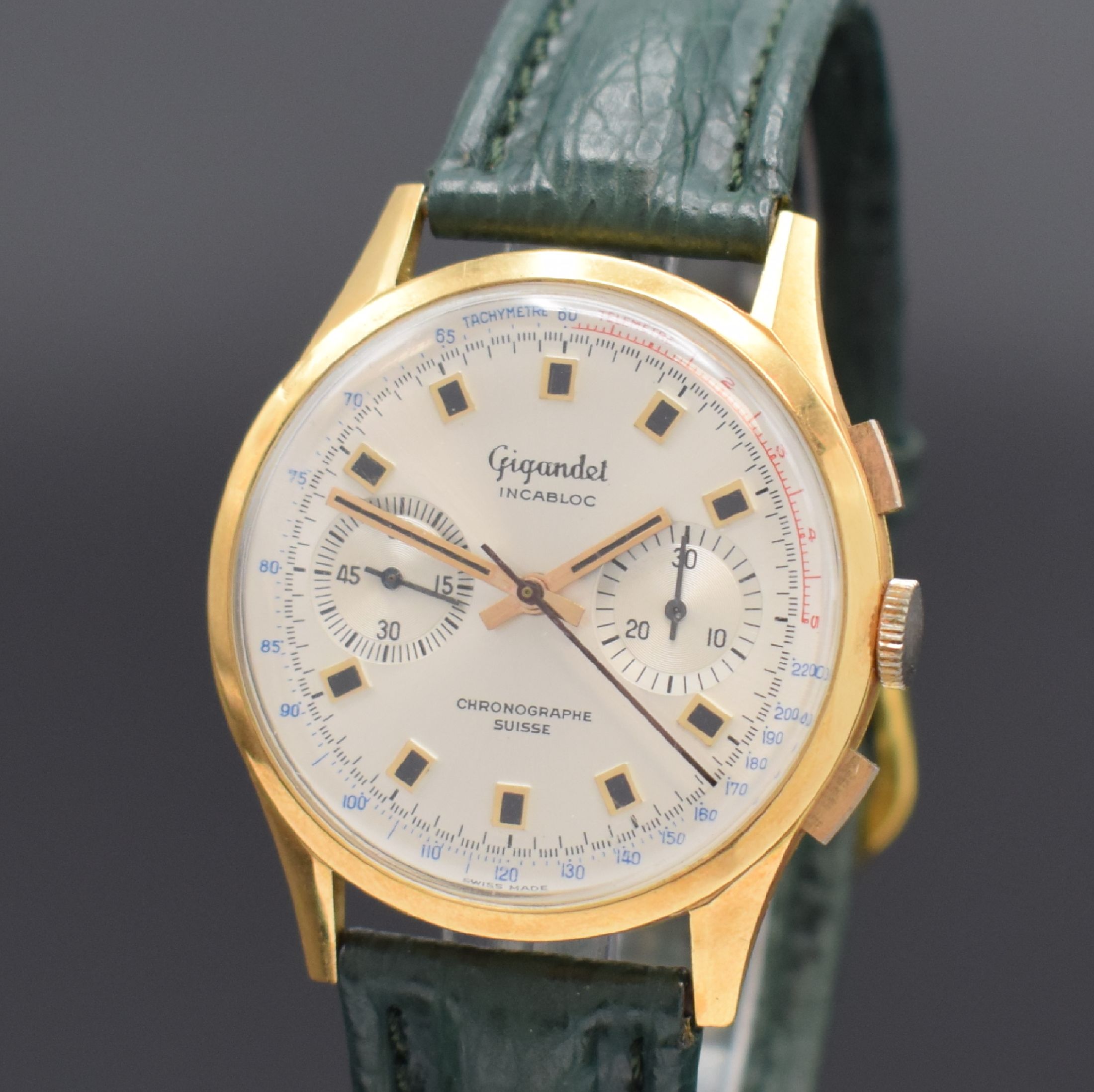 Detail a: GIGANDET / CHRONOGRAPHE SUISSE Armbandchronograph in RG 750/000, Handaufzug, Schweiz um 1970, Geh. dell., Boden und Glasrand aufgedr., verg. ...