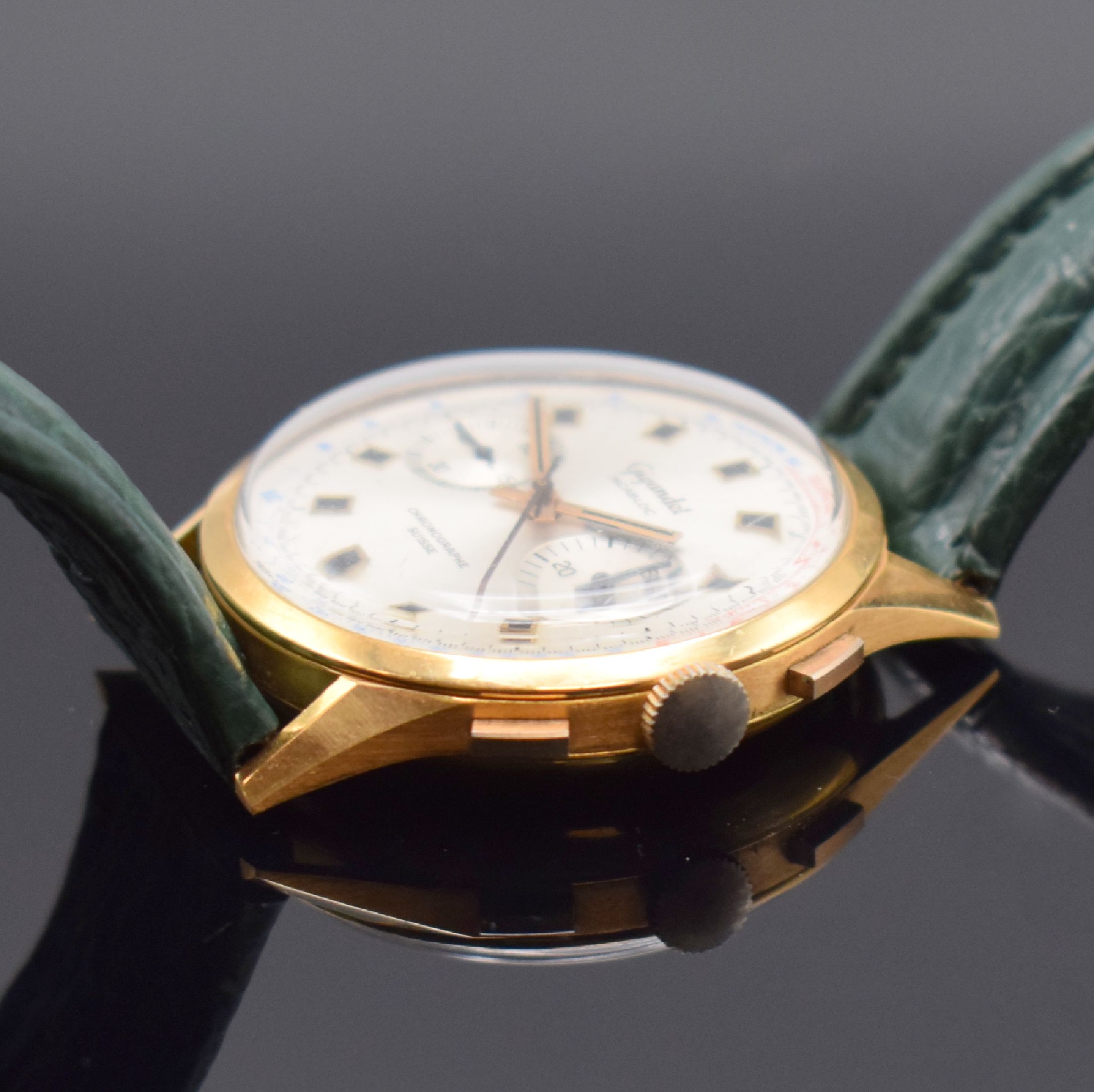 Detail b: GIGANDET / CHRONOGRAPHE SUISSE Armbandchronograph in RG 750/000, Handaufzug, Schweiz um 1970, Geh. dell., Boden und Glasrand aufgedr., verg. ...