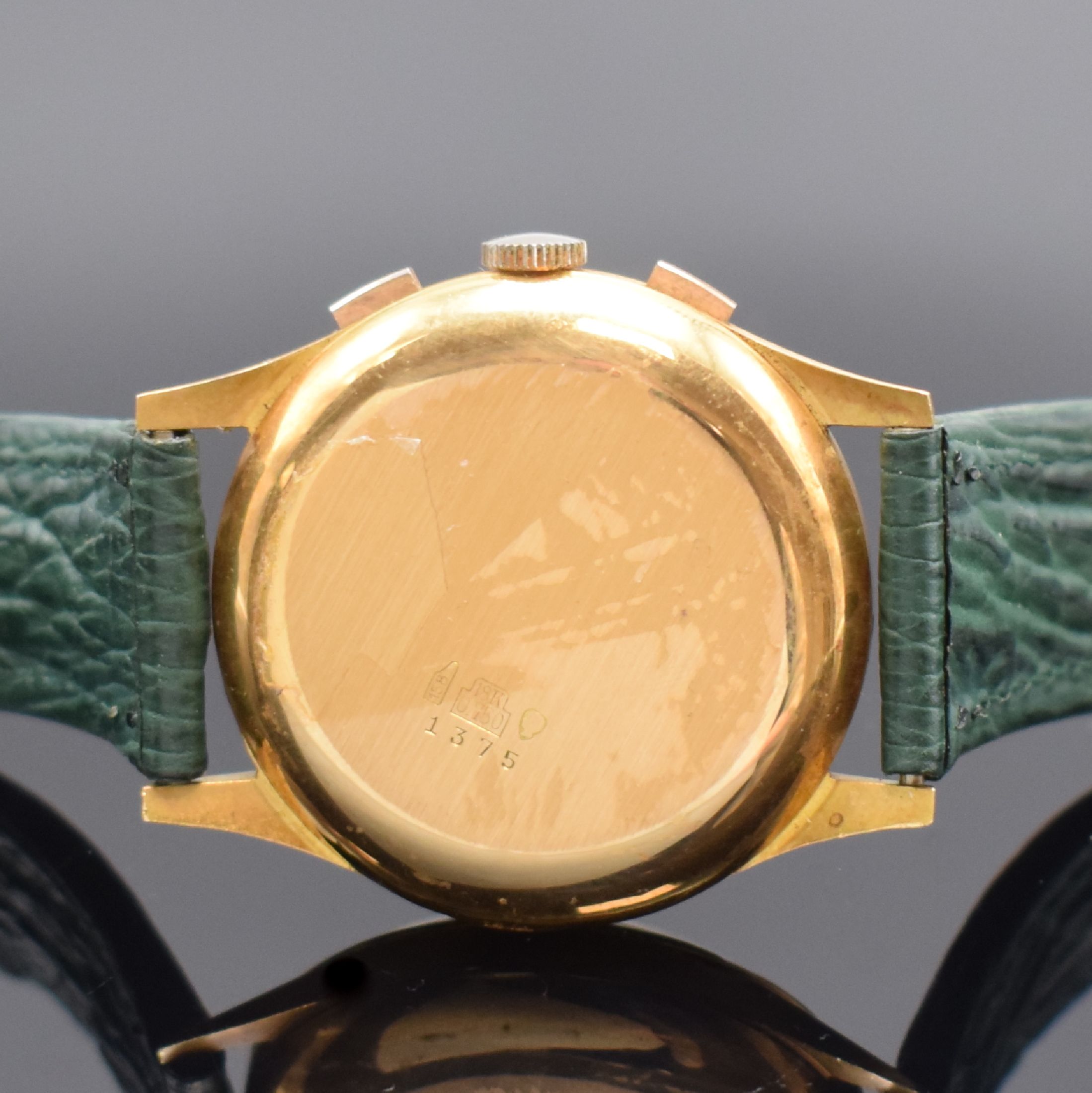 Detail c: GIGANDET / CHRONOGRAPHE SUISSE Armbandchronograph in RG 750/000, Handaufzug, Schweiz um 1970, Geh. dell., Boden und Glasrand aufgedr., verg. ...