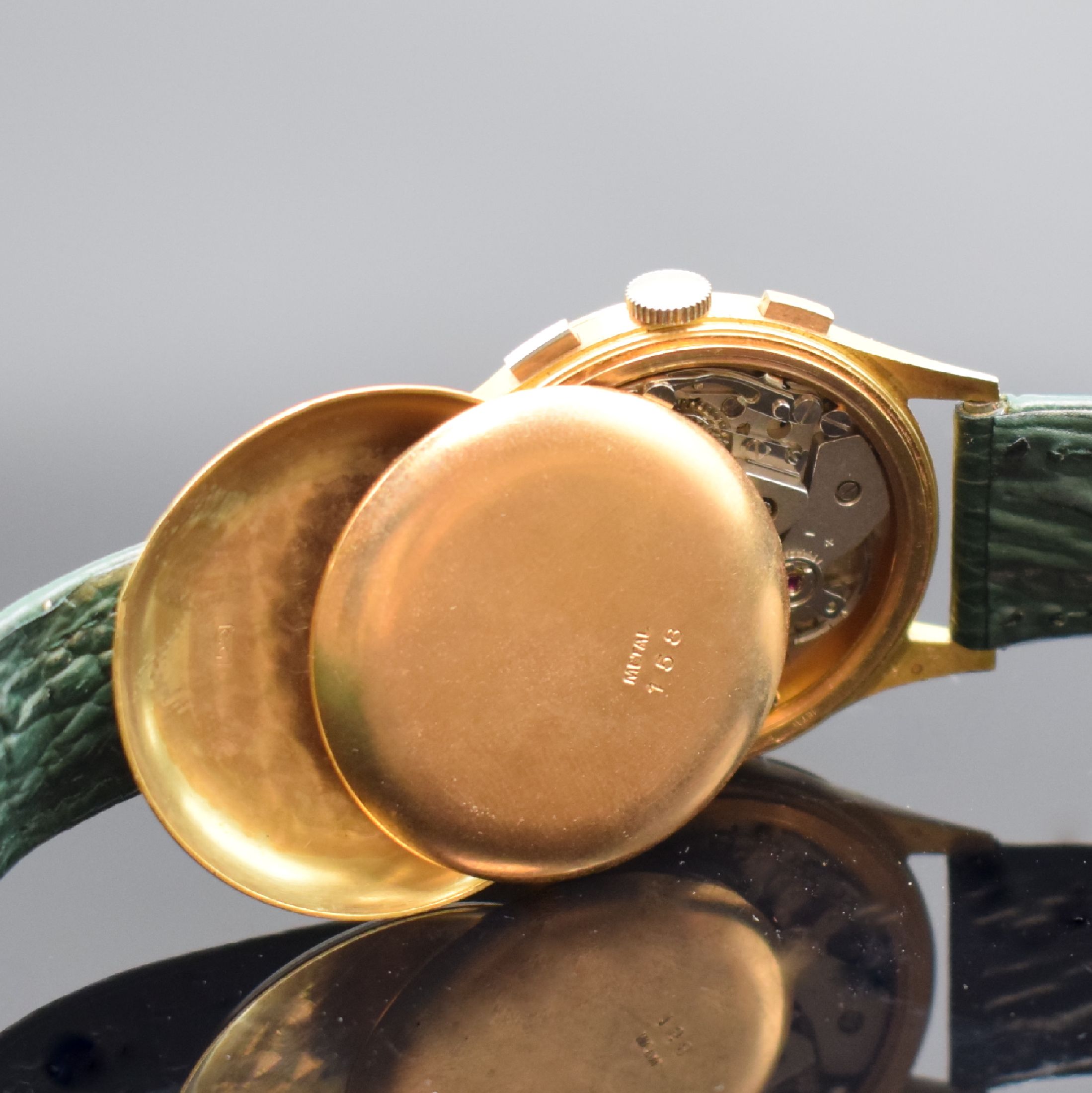 Detail e: GIGANDET / CHRONOGRAPHE SUISSE Armbandchronograph in RG 750/000, Handaufzug, Schweiz um 1970, Geh. dell., Boden und Glasrand aufgedr., verg. ...