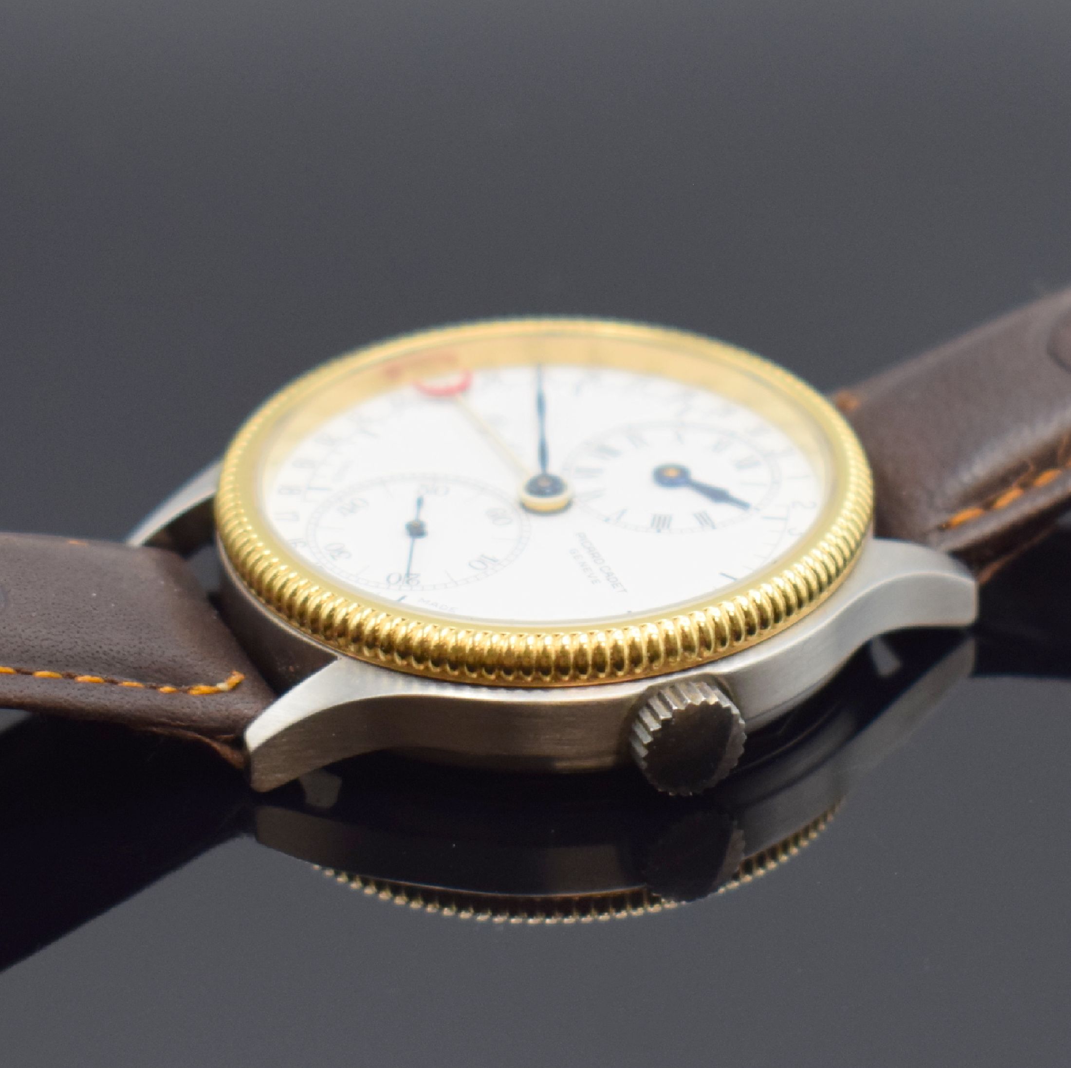 Detail b: PICARD CADET Regulateur Herrenarmbanduhr, Handaufzug, Schweiz um 1995, Edelstahlgeh. beids vergl., Boden verschr., verg. Lünette geriffelt, Anz. v. ...