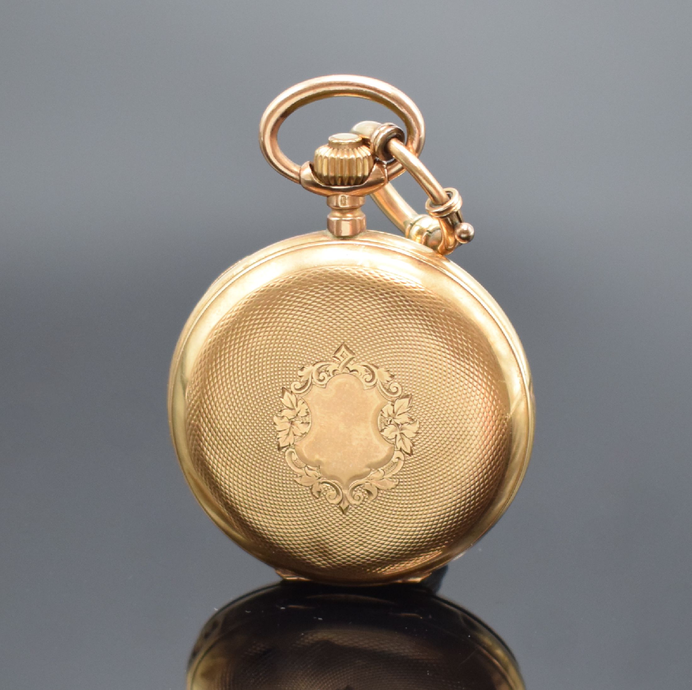 Detail b: FAUVETTE HAD. Savonette Herrentaschenuhr in RG 585/000, Schweiz um 1900, guill. 2-Deckel Goldgeh. dell., verg. Cuv., Emailzifferbl. m. röm. Std., ...