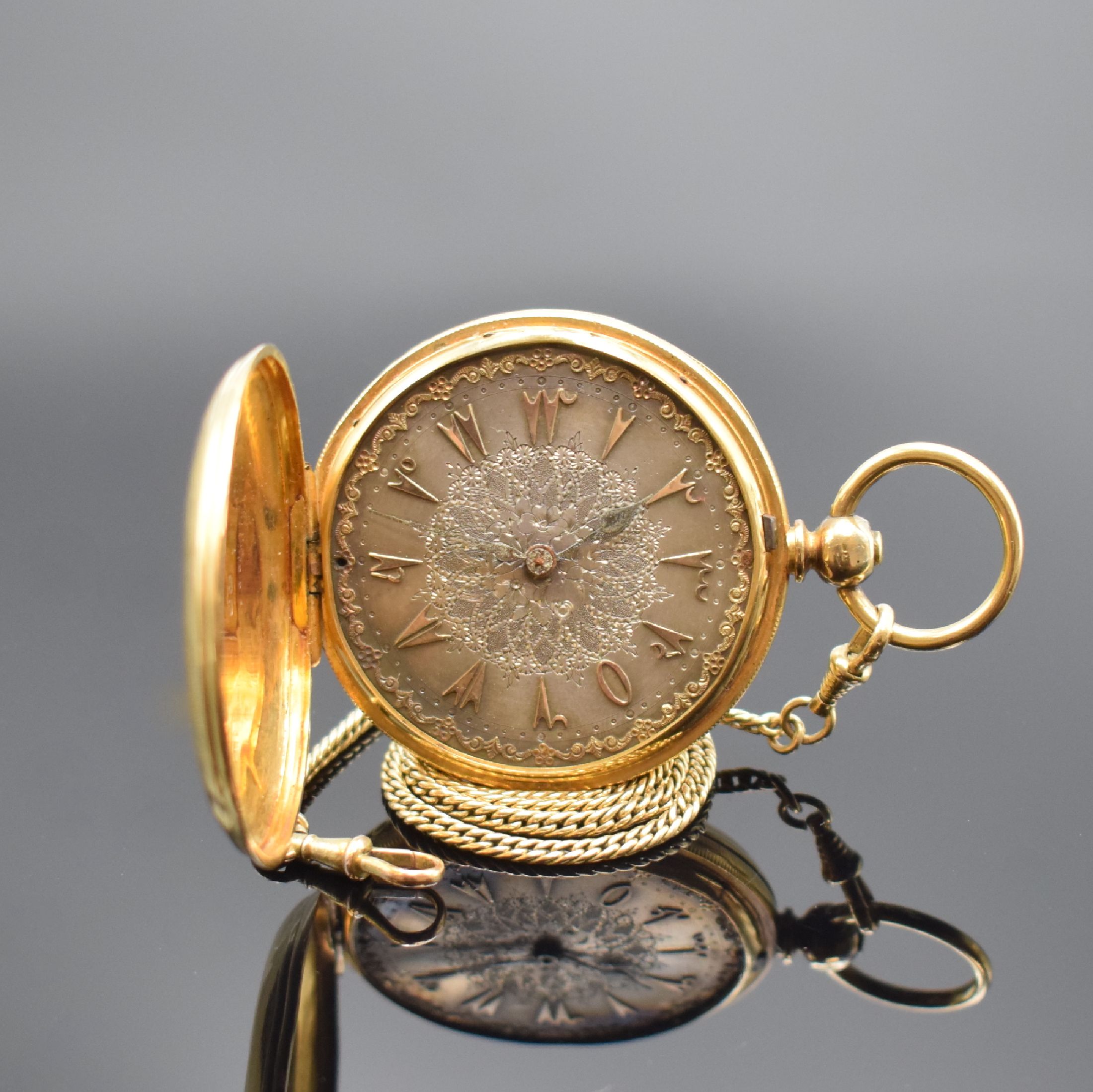 FRENCH ROYAL EXCHANGE LONDON No. 37400 Savonette Schlüsseltaschenuhr in GG 750/000 an GG 585/000 Kette, Hallmark London 1842, glattes 3-Deckel ...