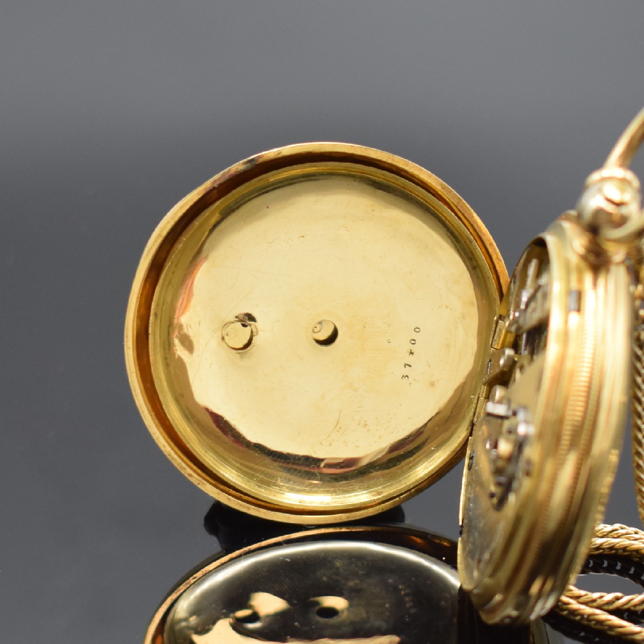 Detail f: FRENCH ROYAL EXCHANGE LONDON No. 37400 Savonette Schlüsseltaschenuhr in GG 750/000 an GG 585/000 Kette, Hallmark London 1842, glattes 3-Deckel ...