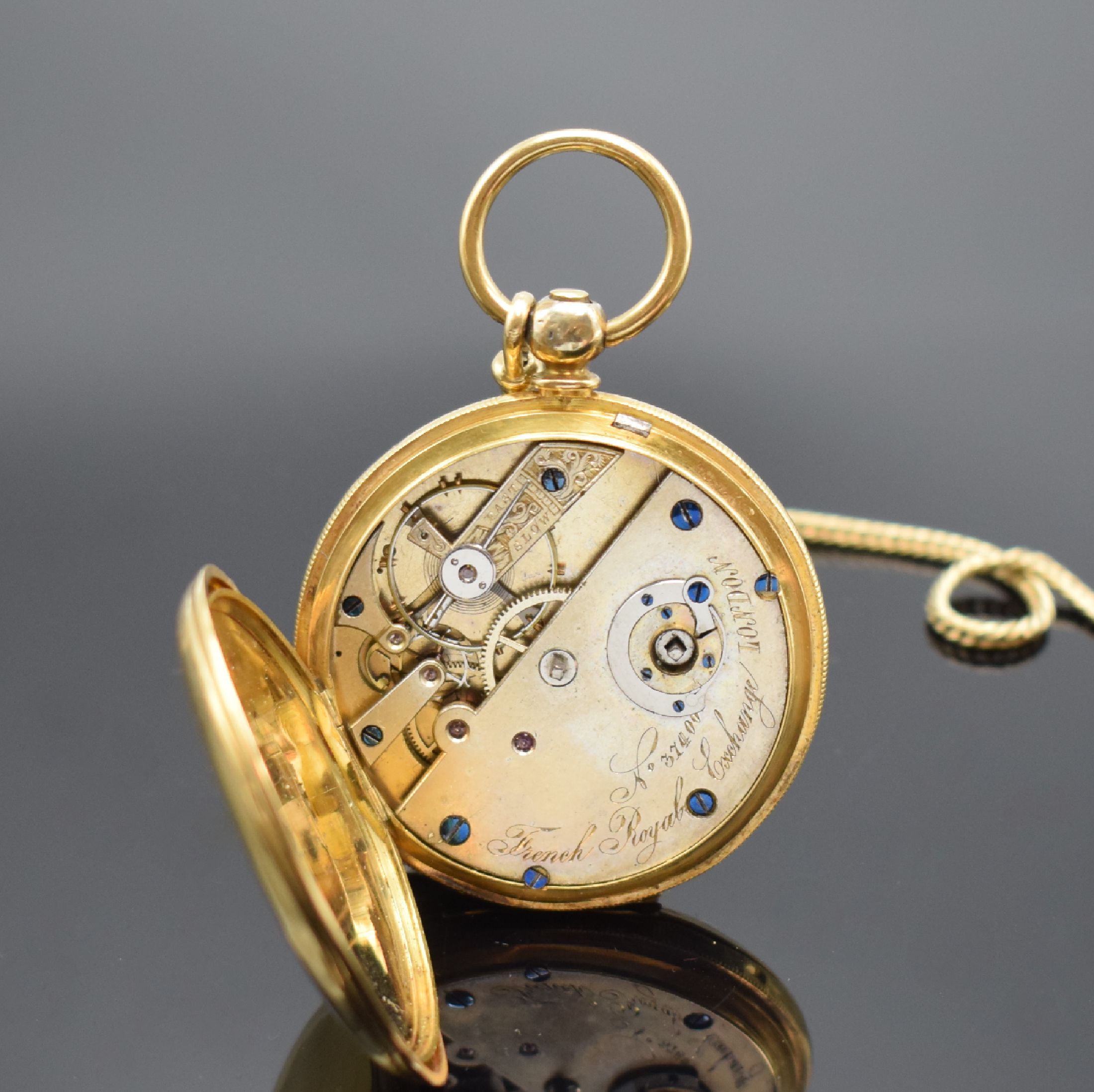 Detail g: FRENCH ROYAL EXCHANGE LONDON No. 37400 Savonette Schlüsseltaschenuhr in GG 750/000 an GG 585/000 Kette, Hallmark London 1842, glattes 3-Deckel ...