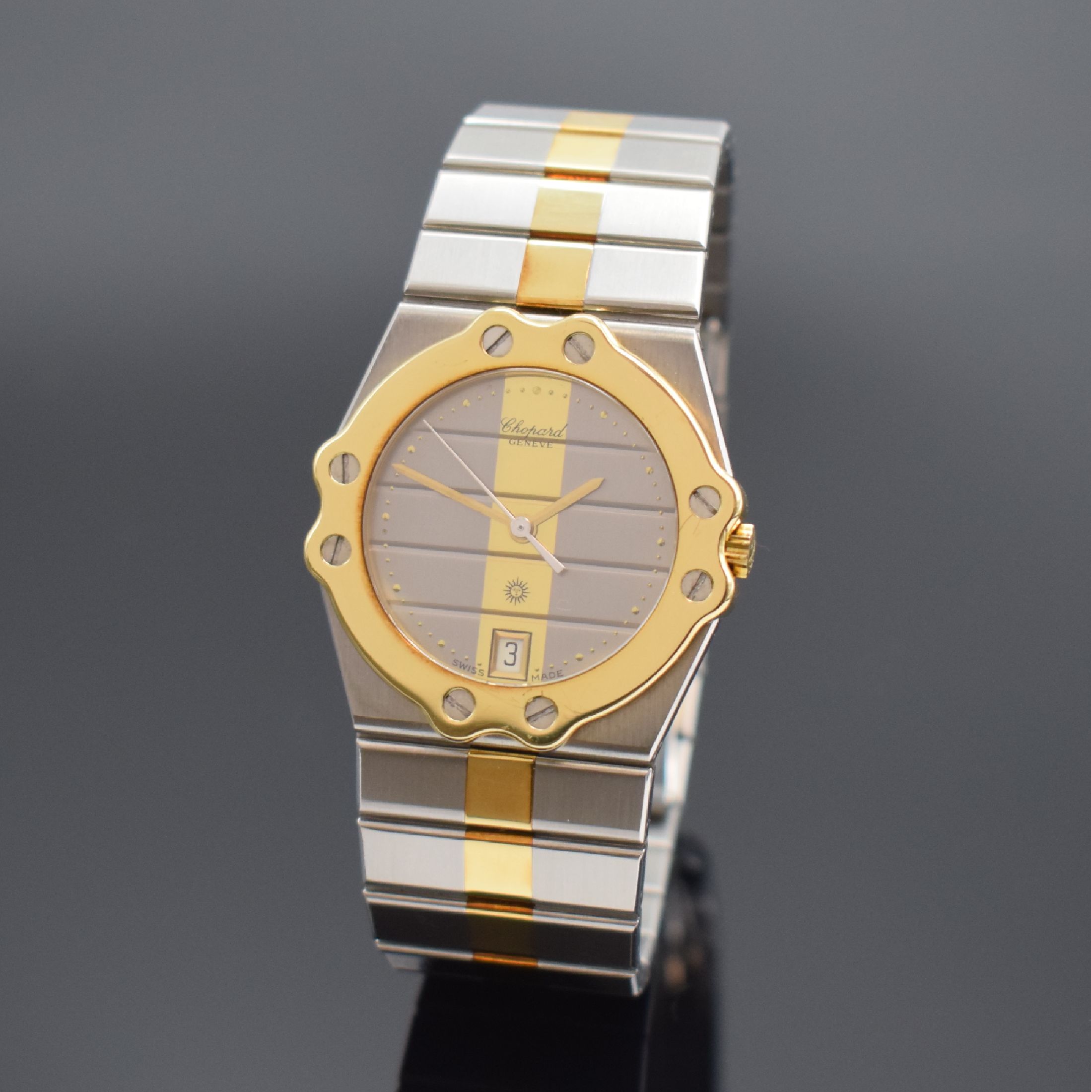 CHOPARD St. Moritz Armbanduhr Referenz 8047, Schweiz um 1990, quarz, Lünette gegen Gehäuse 8-fach verschr., orig. Gliederband inkl. dopp. ...