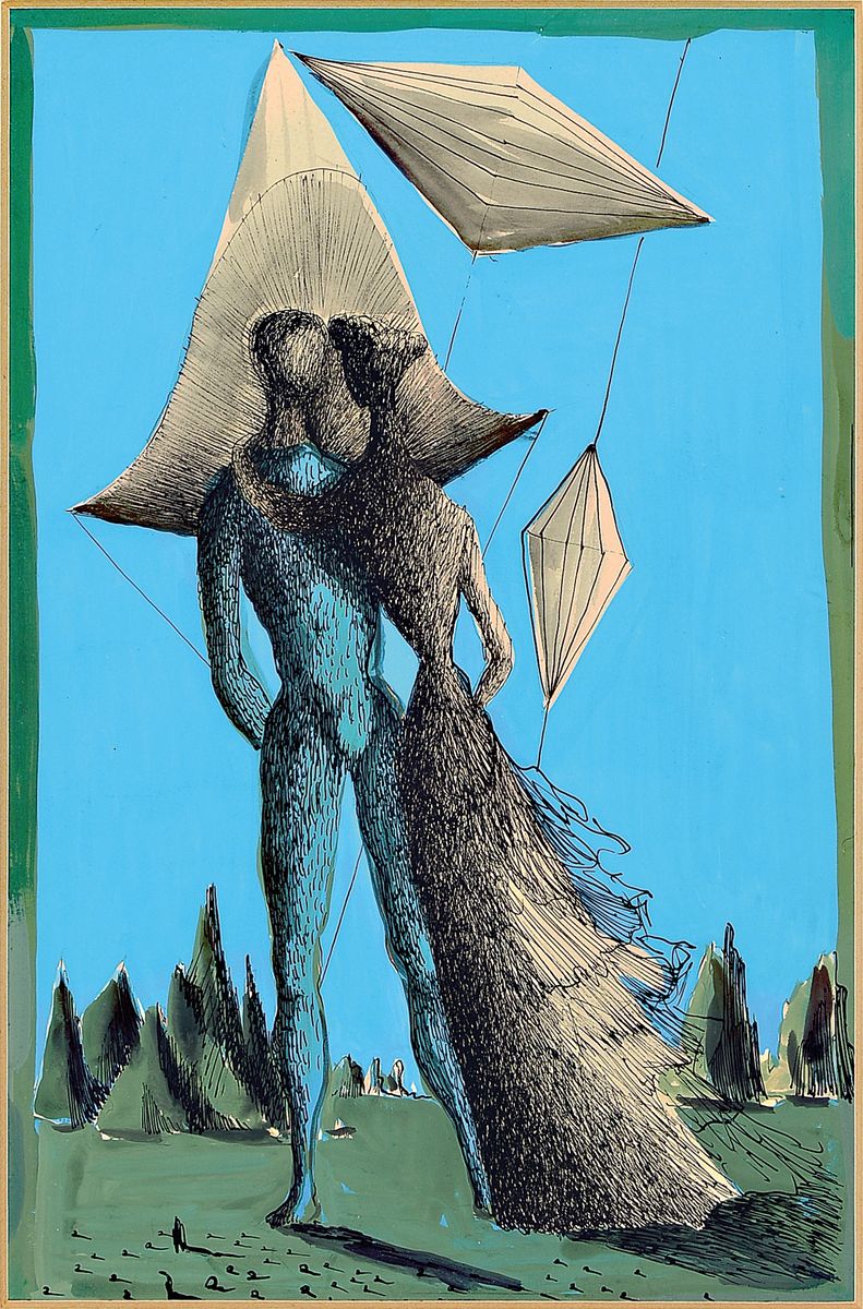 Detail b: Mac Zimmermann, Stettin 1912 - 1995 Wasserburg am Inn, zwei Werke, Mischtechnik Unikat und Lithographie, a. sich umarmendes Paar mit steigenden ...