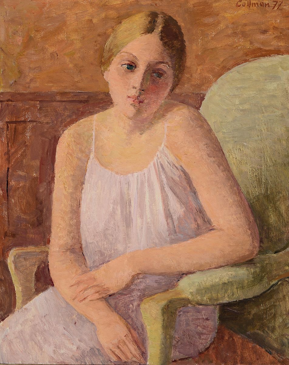 Helmut Collmann, Rehlingen 1918 - 1996 Saarbrücken, Öl/Lwd, "Veronique", junge Frau im rosafarbenem Kleid, Dreiviertelporträt, re. oben ...