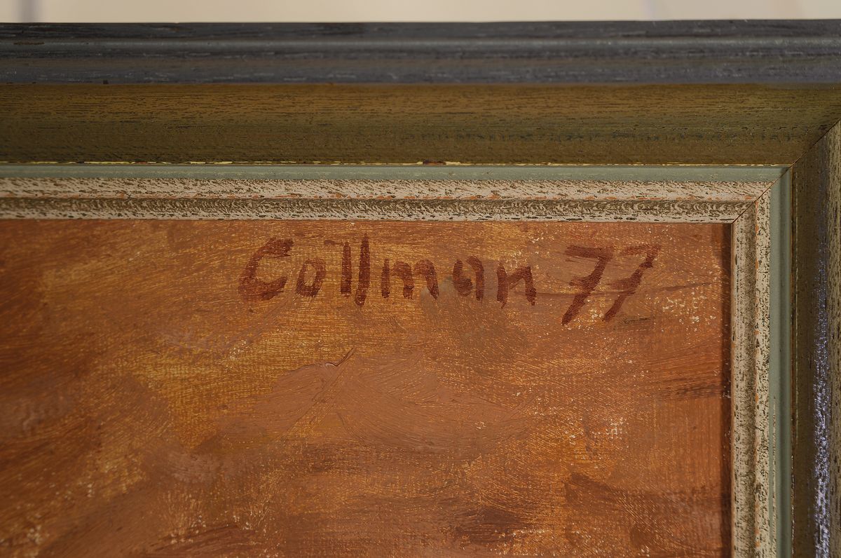 Detail a: Helmut Collmann, Rehlingen 1918 - 1996 Saarbrücken, Öl/Lwd, "Veronique", junge Frau im rosafarbenem Kleid, Dreiviertelporträt, re. oben ...