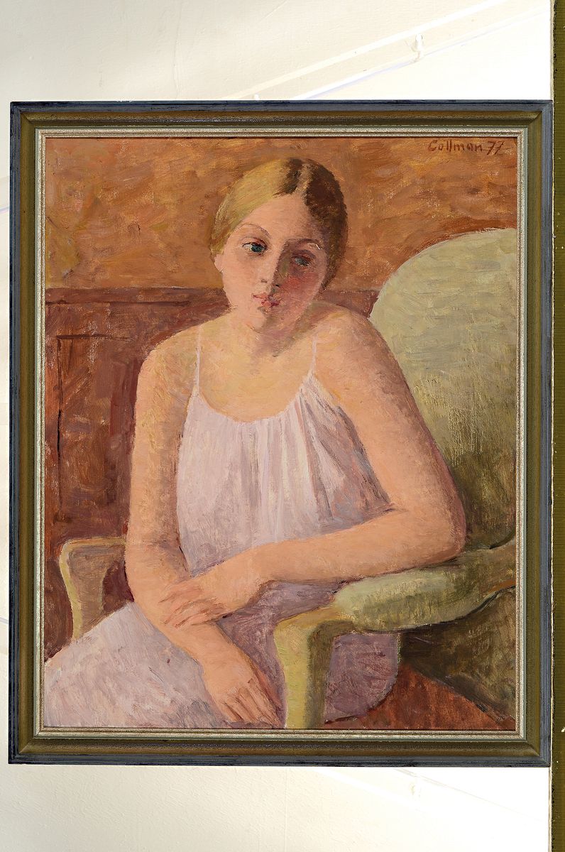 Detail k: Helmut Collmann, Rehlingen 1918 - 1996 Saarbrücken, Öl/Lwd, "Veronique", junge Frau im rosafarbenem Kleid, Dreiviertelporträt, re. oben ...