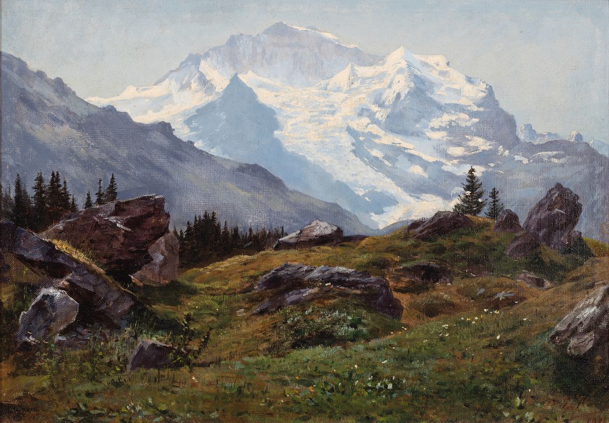 E. Ney, Malerei um 1919, Gebirgslandschaft mit Blick auf die Berner Alpen mit Jungfrau, Öl/Lwd, re. u. signiert und dat. 19 in Rot, ca. 30 x 43 cm, ...
