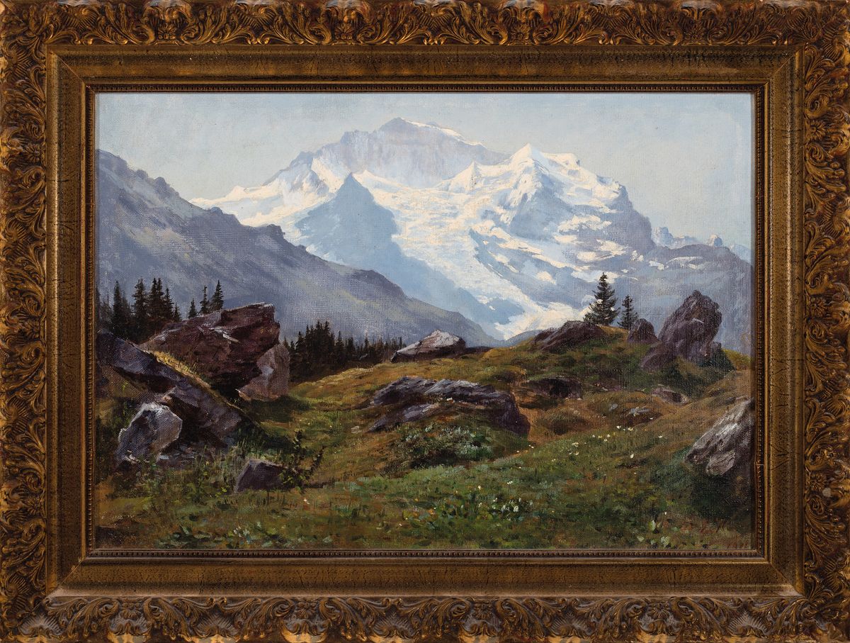 Detail k: E. Ney, Malerei um 1919, Gebirgslandschaft mit Blick auf die Berner Alpen mit Jungfrau, Öl/Lwd, re. u. signiert und dat. 19 in Rot, ca. 30 x 43 cm, ...