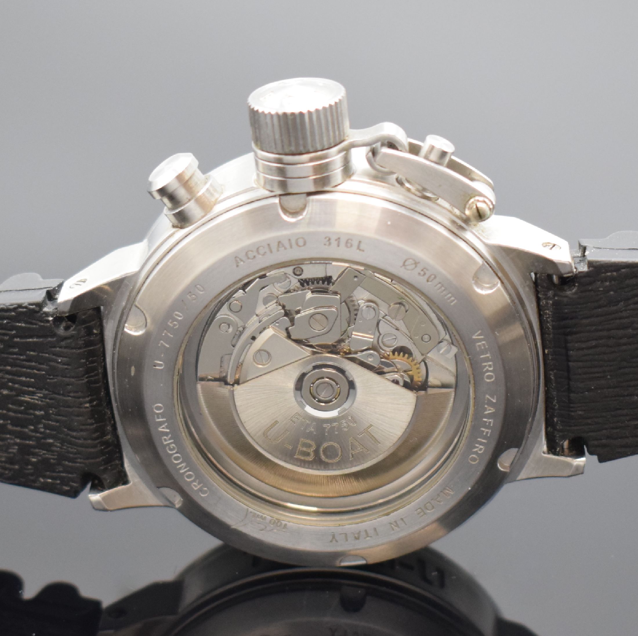 Detail d: U-BOAT Italo Fontana Herrenarmbanduhr mit Chronograph Modell Flightdeck Referenz U- 7750/50, Automatik, Italien um 2010, Edelstahlgeh. beids. vergl., ...
