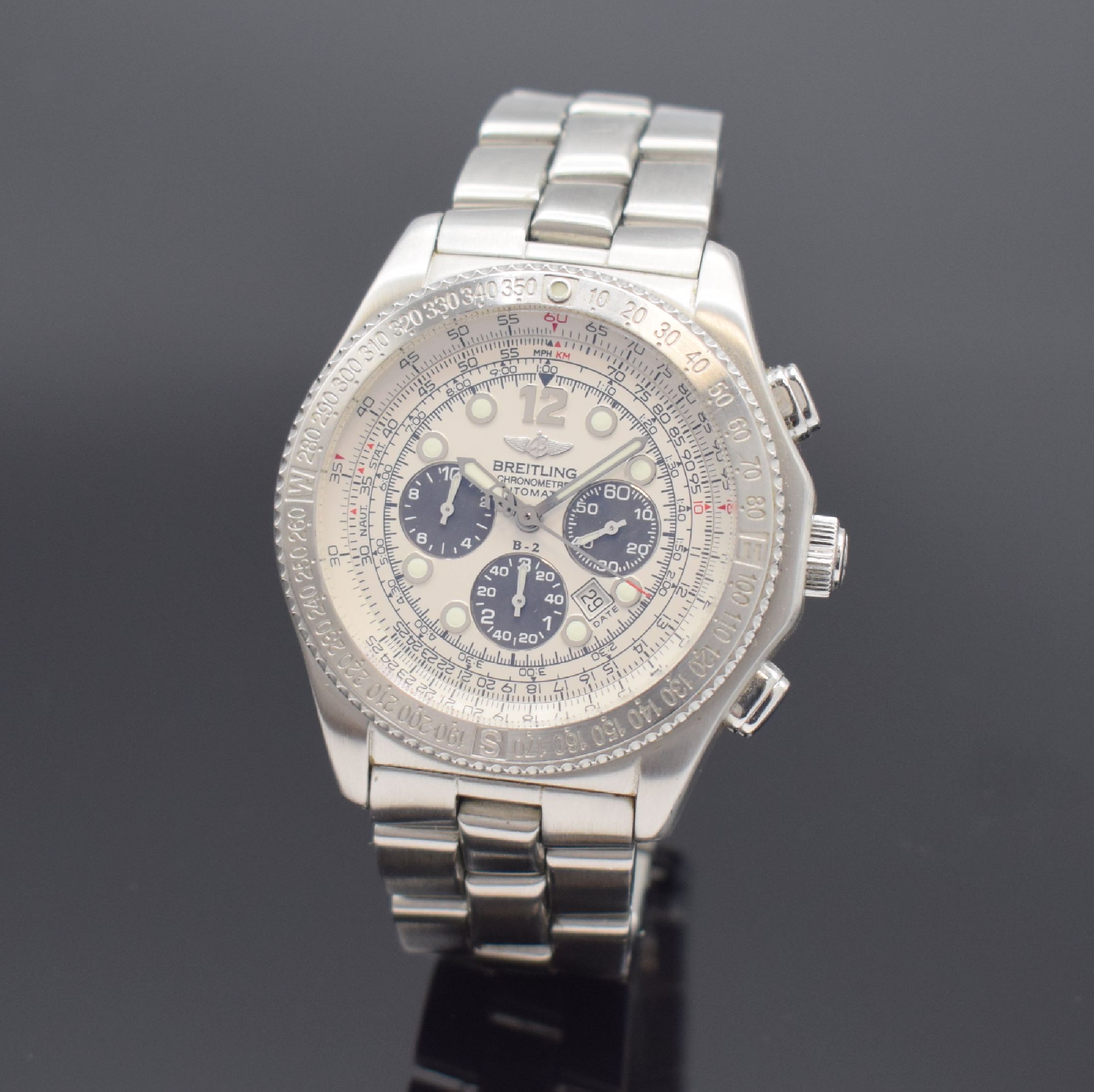 BREITLING Armbandchronograph Modell B-2 Referenz A42362, Schweiz um 2000, Automatik, Chronometer in Edelstahl inkl. Gliederband m. Faltschl., Boden ...
