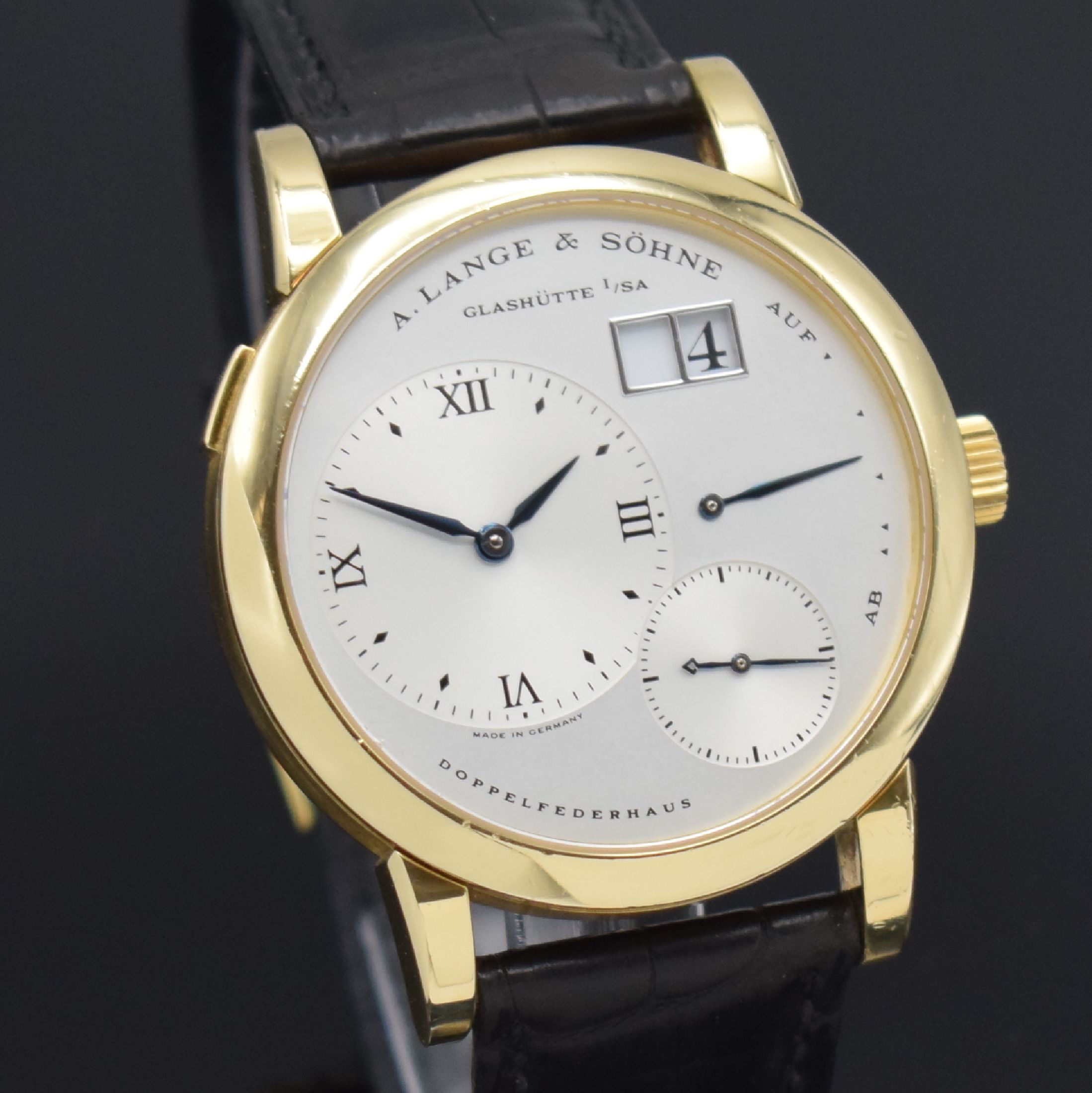 Detail c: A. LANGE & SÖHNE hochfeine Herrenarmbanduhr Modell Lange 1 Referenz 101.021, Handaufzug, Deutschland um 1999, GG 750/000 inkl. orig. Lederband m. ...