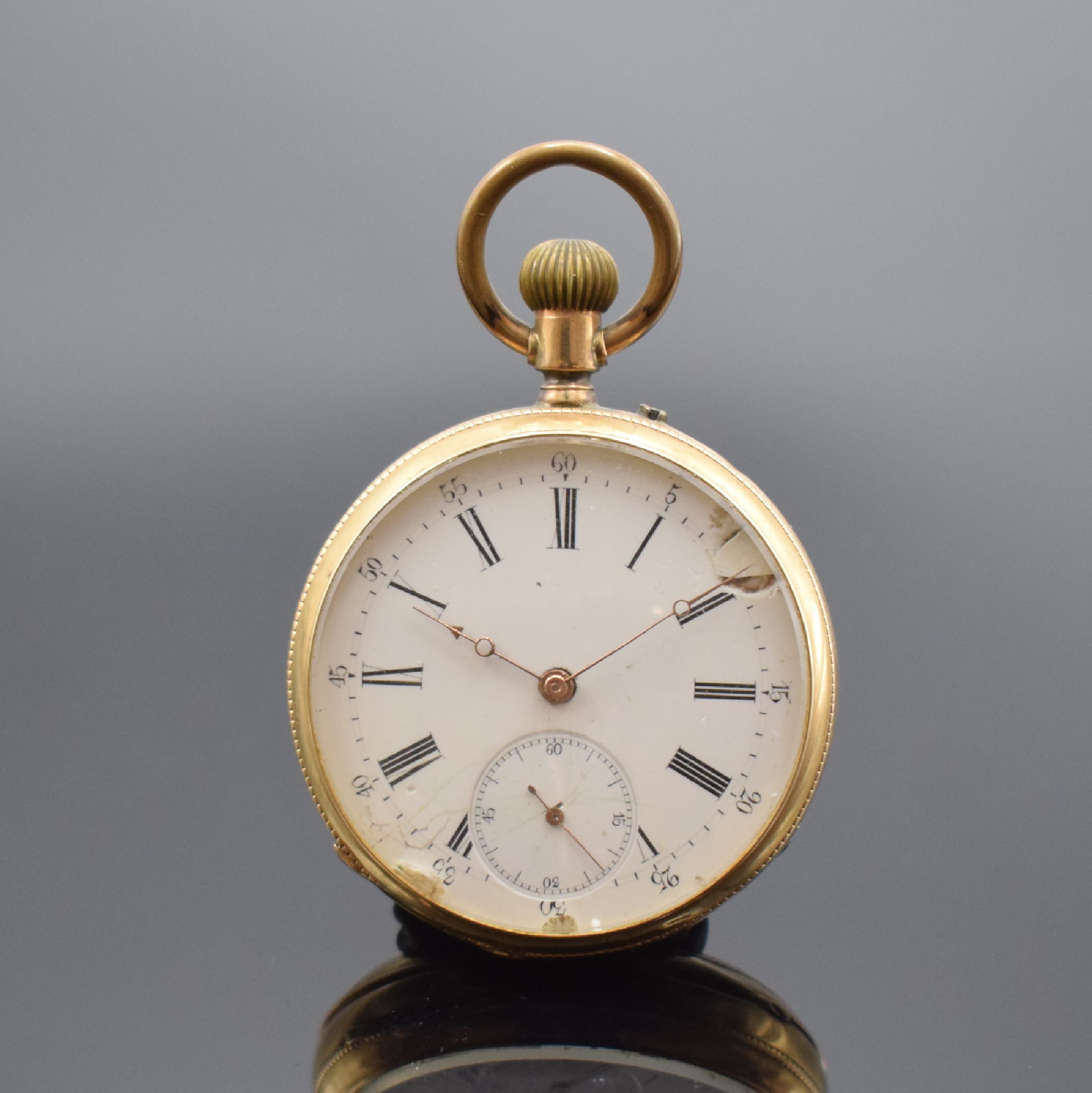 Offene Taschenuhr in GG 585/000, Schweiz um 1900, Metallcuvette, Emailzifferbl. besch., röm. Zahlen, gold. Zeiger, Ankerwerk nicht gehf., D. ca. 46 ...
