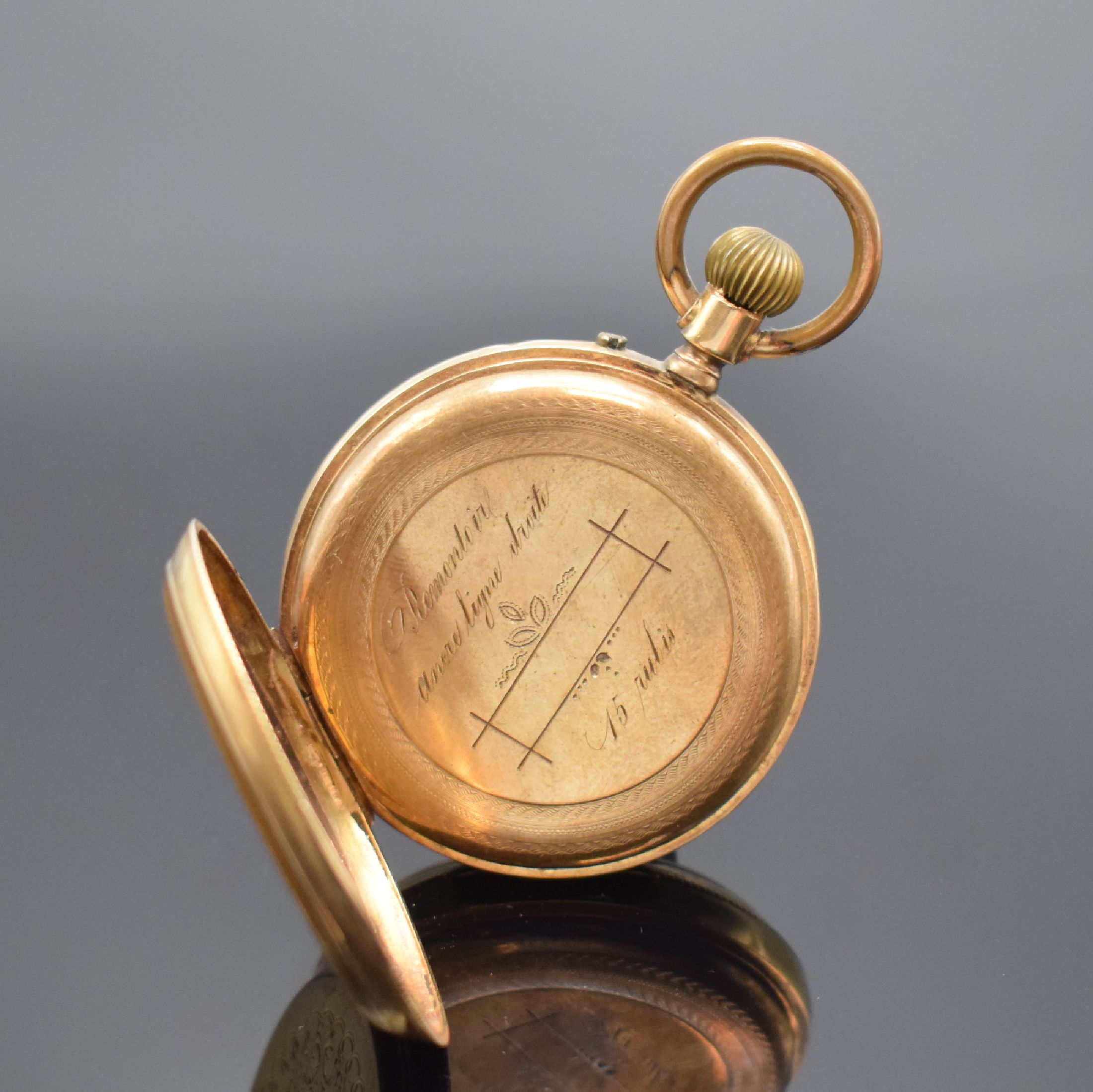 Detail c: Offene Taschenuhr in GG 585/000, Schweiz um 1900, Metallcuvette, Emailzifferbl. besch., röm. Zahlen, gold. Zeiger, Ankerwerk nicht gehf., D. ca. 46 ...