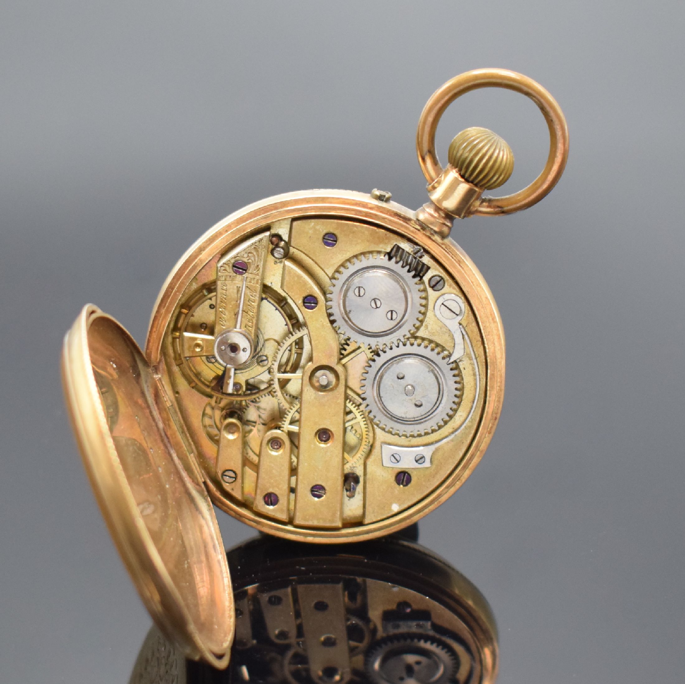 Detail e: Offene Taschenuhr in GG 585/000, Schweiz um 1900, Metallcuvette, Emailzifferbl. besch., röm. Zahlen, gold. Zeiger, Ankerwerk nicht gehf., D. ca. 46 ...
