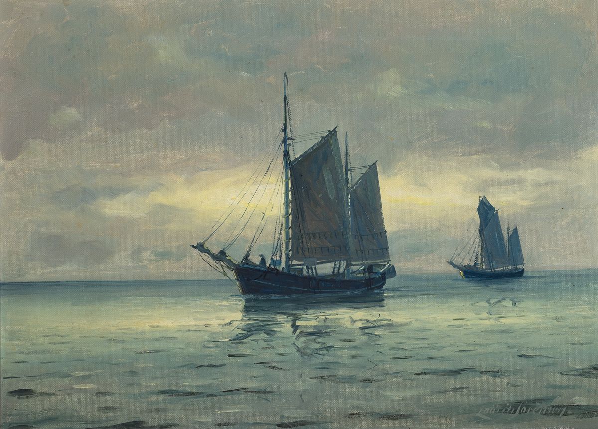 Laurits Sörensen, 1865-ca. 1912, 2 Pendants: Segelschiffe auf ruhiger bzw. auf rauher See, Öl/Lwd, beide signiert, je ca. 31x47cm, R. ca. 42x58cm