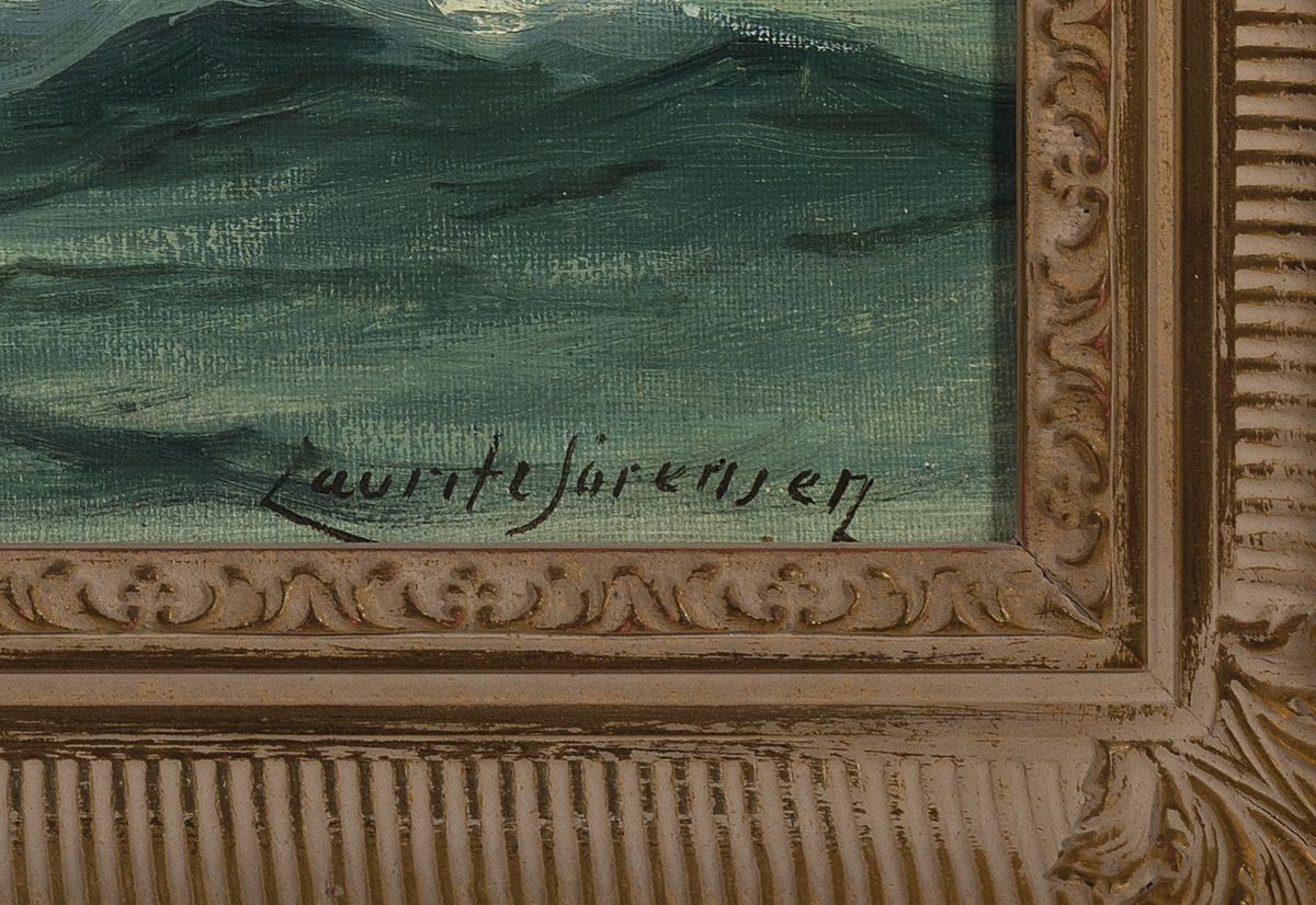 Detail c: Laurits Sörensen, 1865-ca. 1912, 2 Pendants: Segelschiffe auf ruhiger bzw. auf rauher See, Öl/Lwd, beide signiert, je ca. 31x47cm, R. ca. 42x58cm