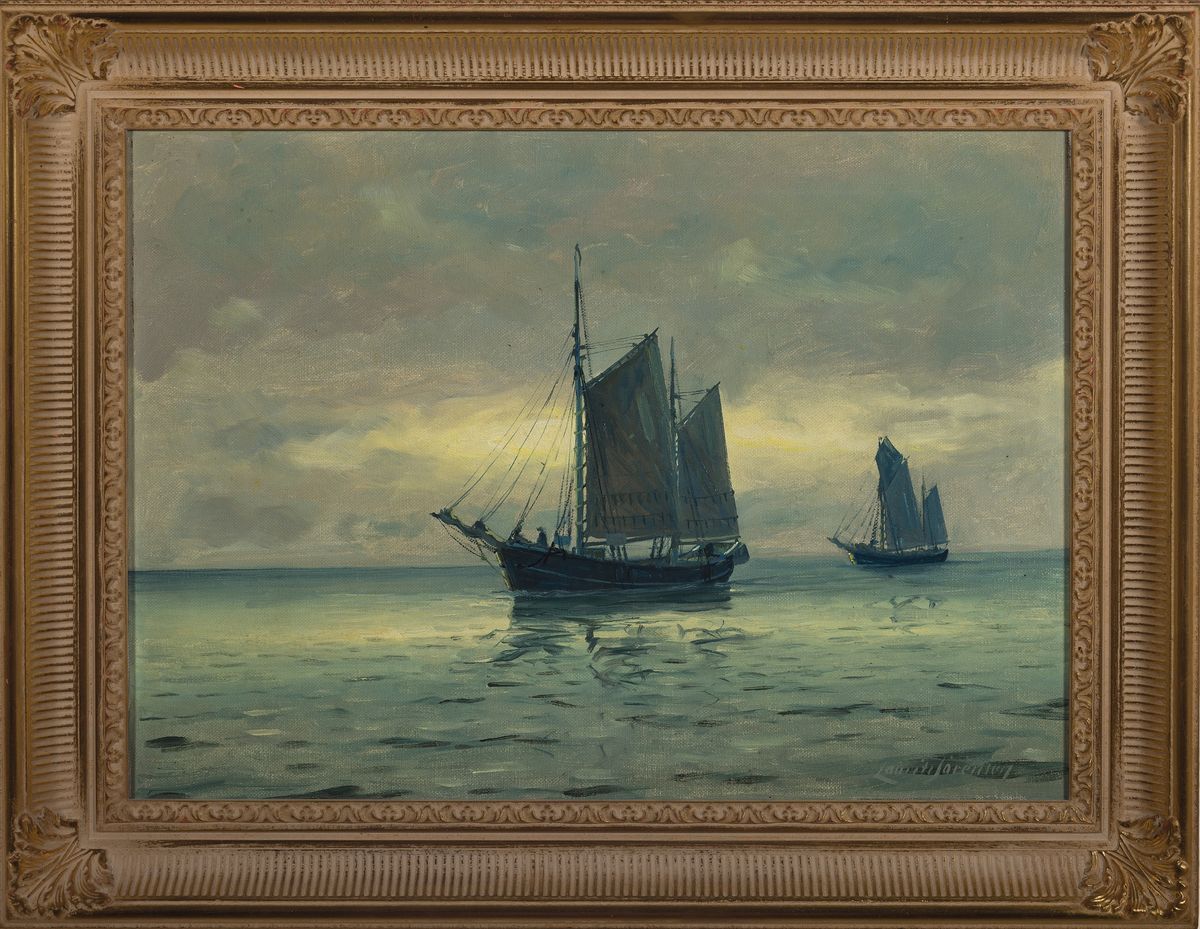 Detail k: Laurits Sörensen, 1865-ca. 1912, 2 Pendants: Segelschiffe auf ruhiger bzw. auf rauher See, Öl/Lwd, beide signiert, je ca. 31x47cm, R. ca. 42x58cm