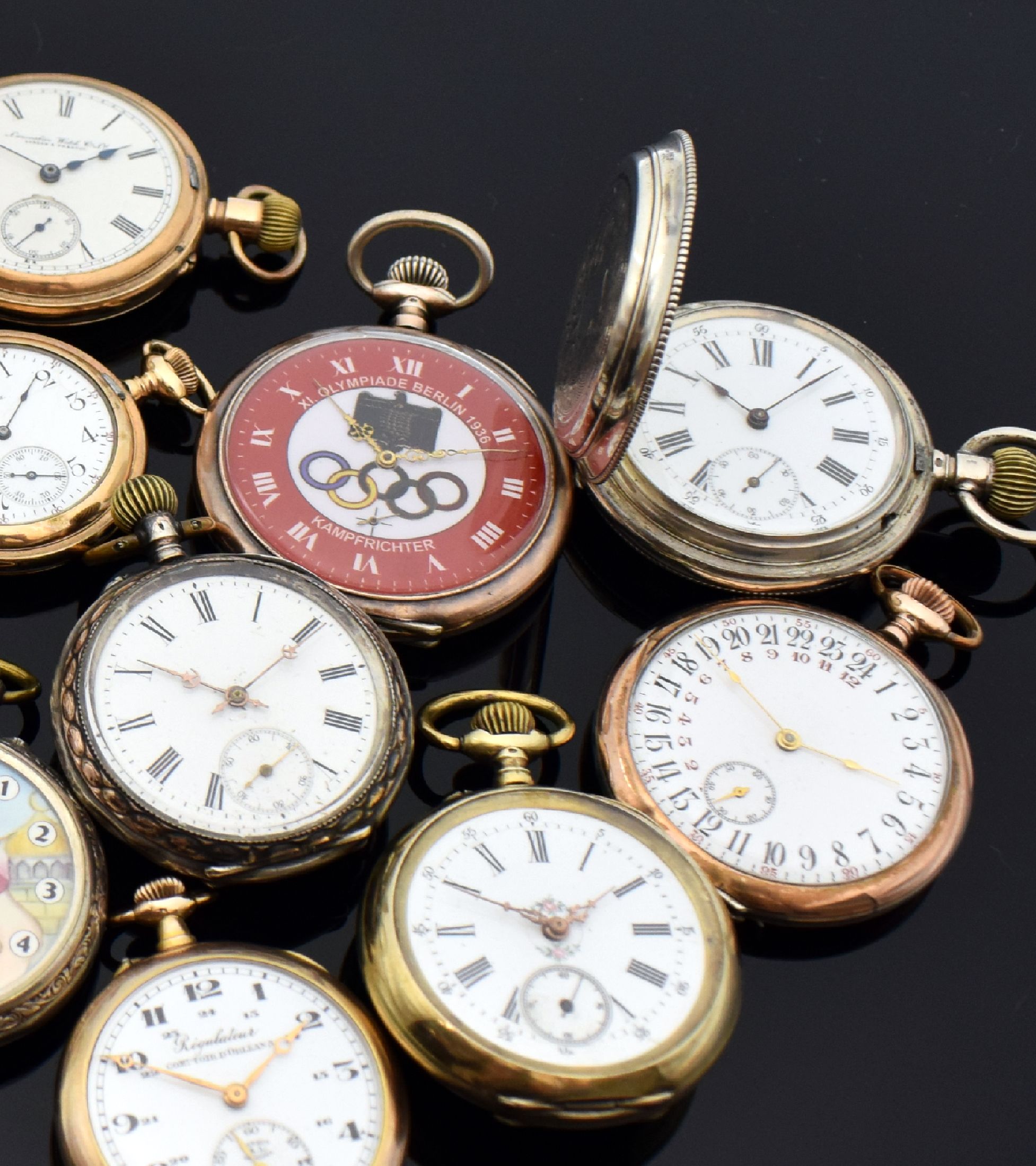 Detail b: 12 Taschenuhren darunter SEELAND, WALTHAM, ELGIN, SYSTEME GLASHÜTTE, Schweiz / England / USA um 1870 - 1900, Savonette u. offene Geh., in Silber u. ...