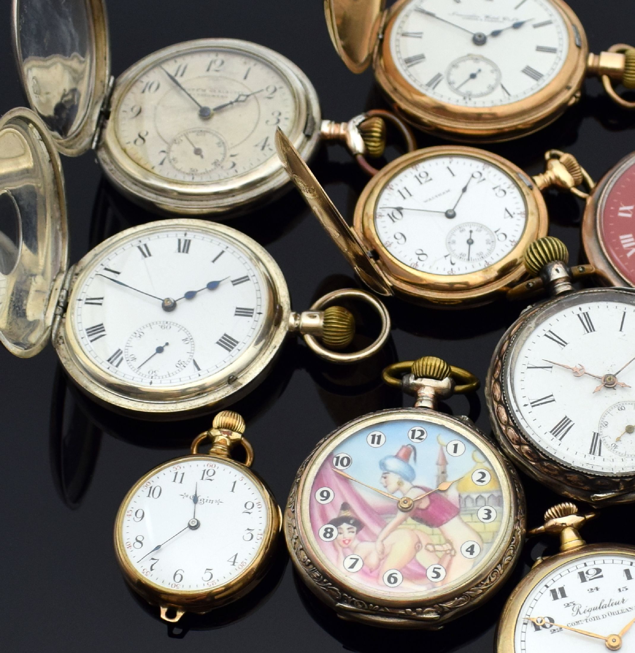 Detail d: 12 Taschenuhren darunter SEELAND, WALTHAM, ELGIN, SYSTEME GLASHÜTTE, Schweiz / England / USA um 1870 - 1900, Savonette u. offene Geh., in Silber u. ...